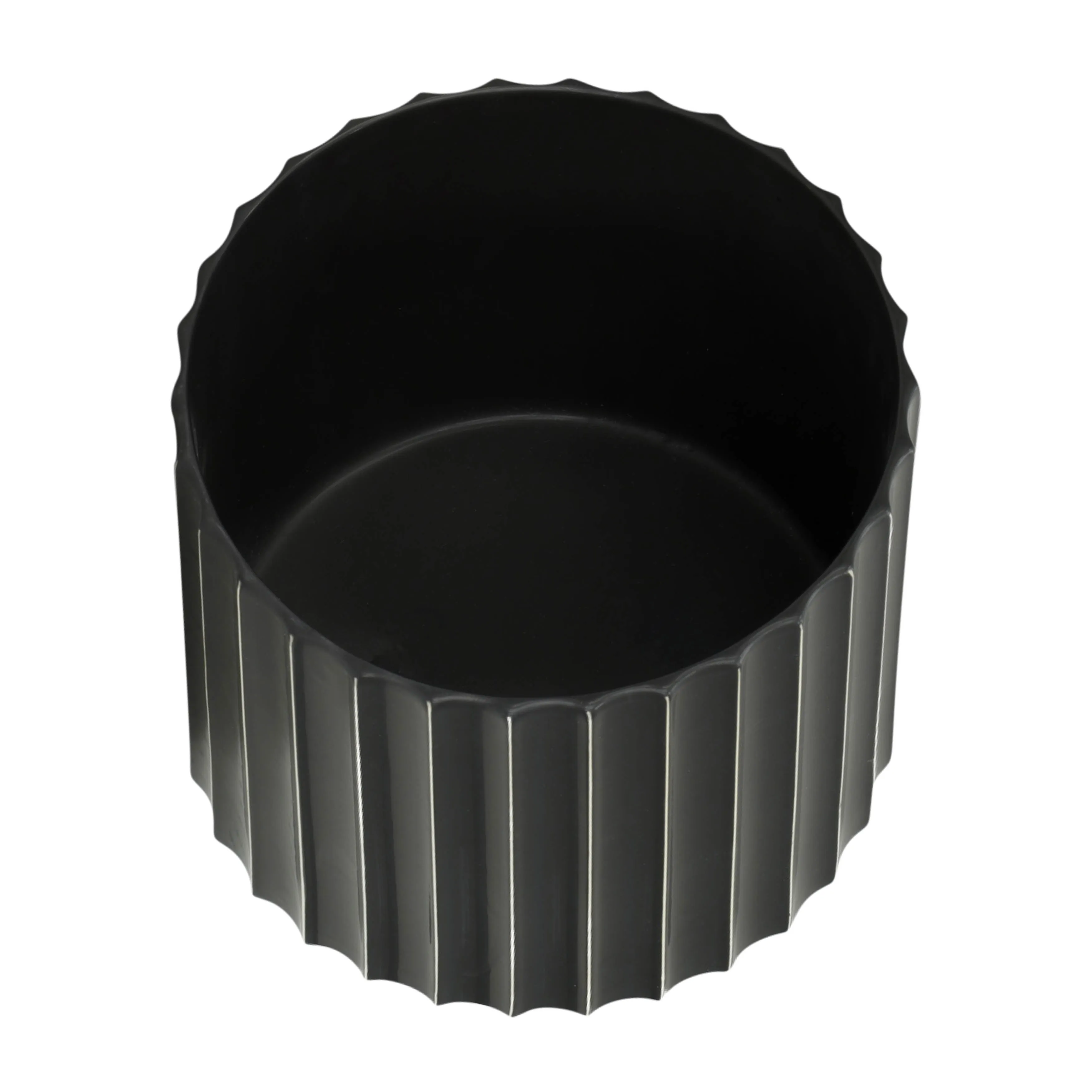 12" CERAMIC FLUTED PLANTER W/ WOOD STAND, BLACK