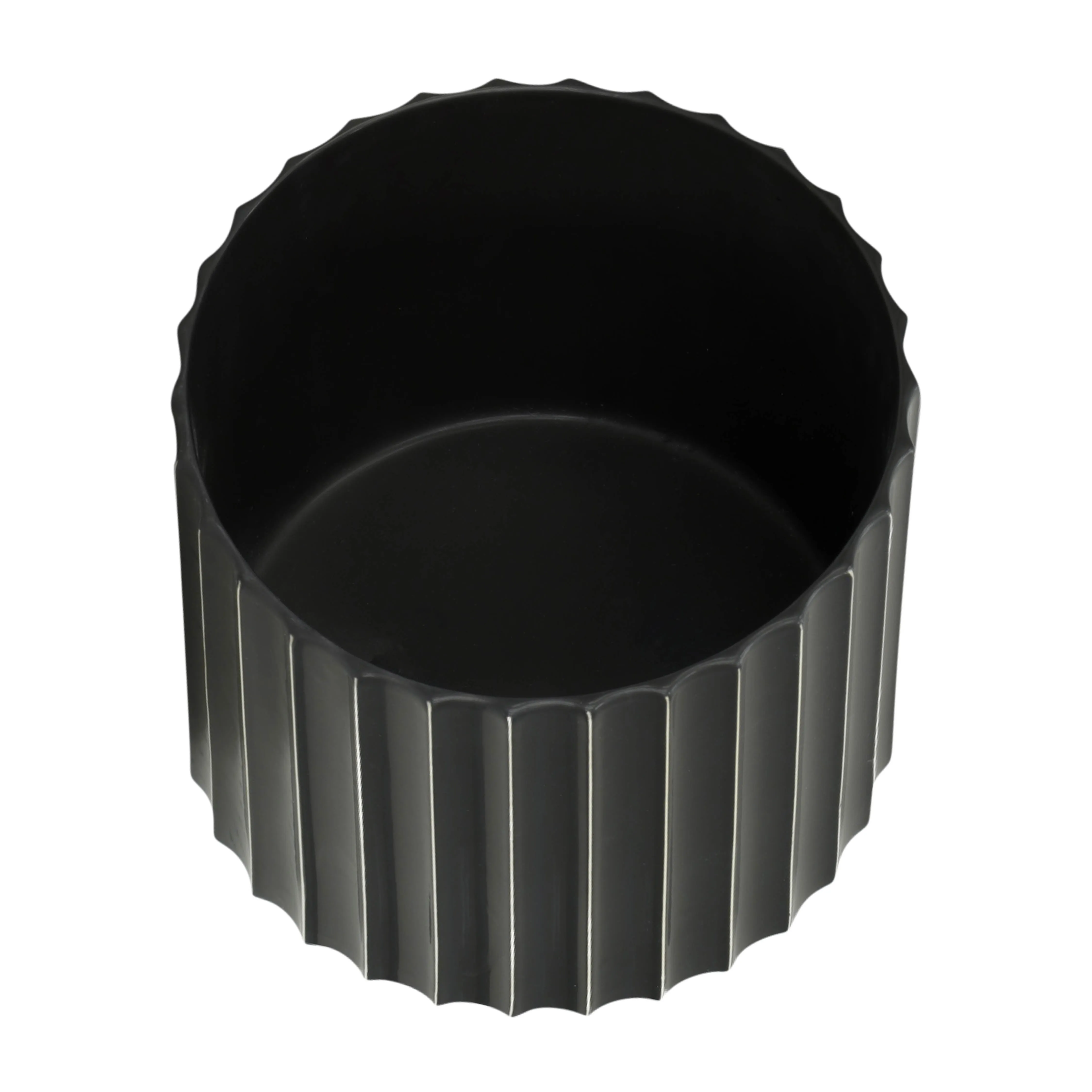 12" CERAMIC FLUTED PLANTER W/ WOOD STAND, BLACK