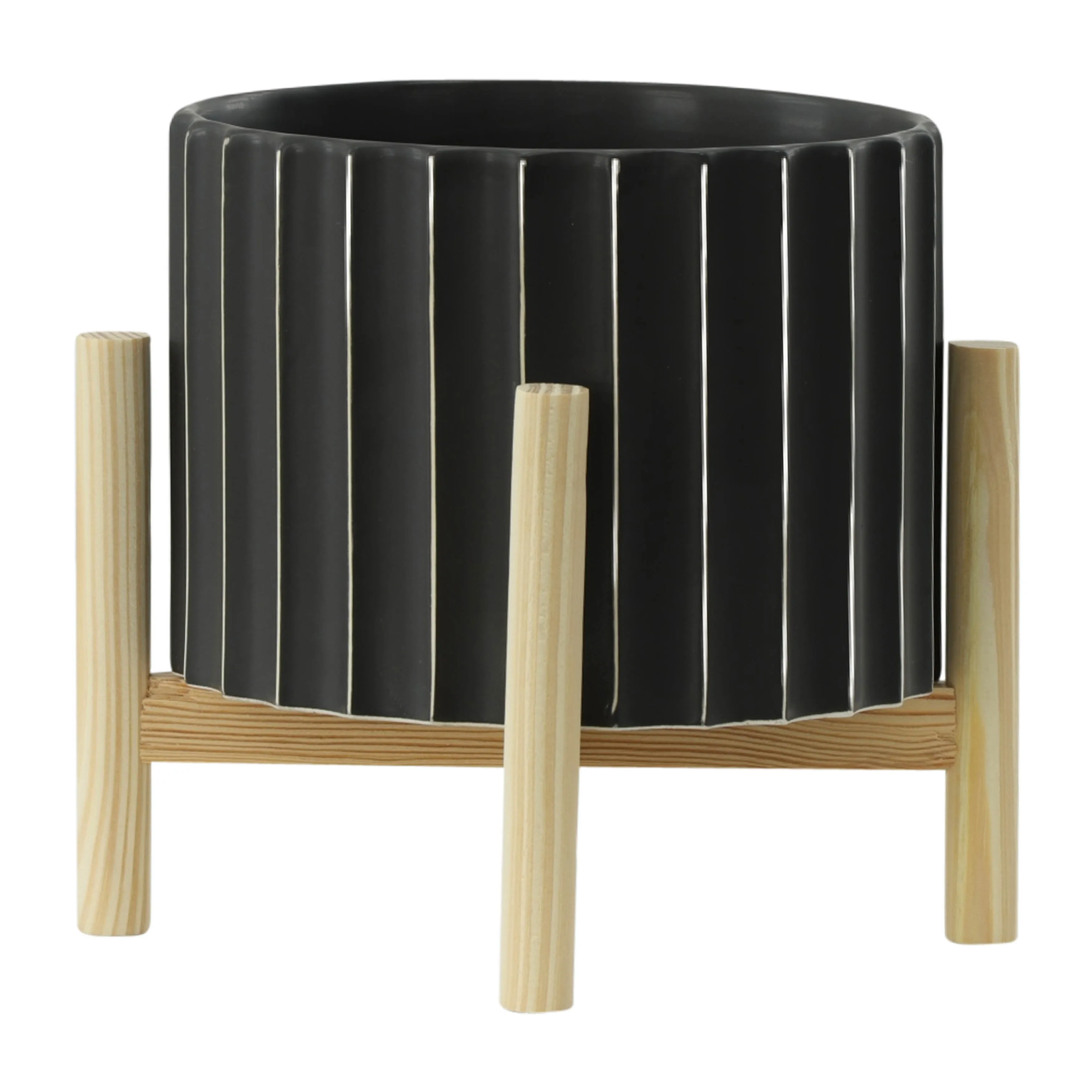 12" CERAMIC FLUTED PLANTER W/ WOOD STAND, BLACK