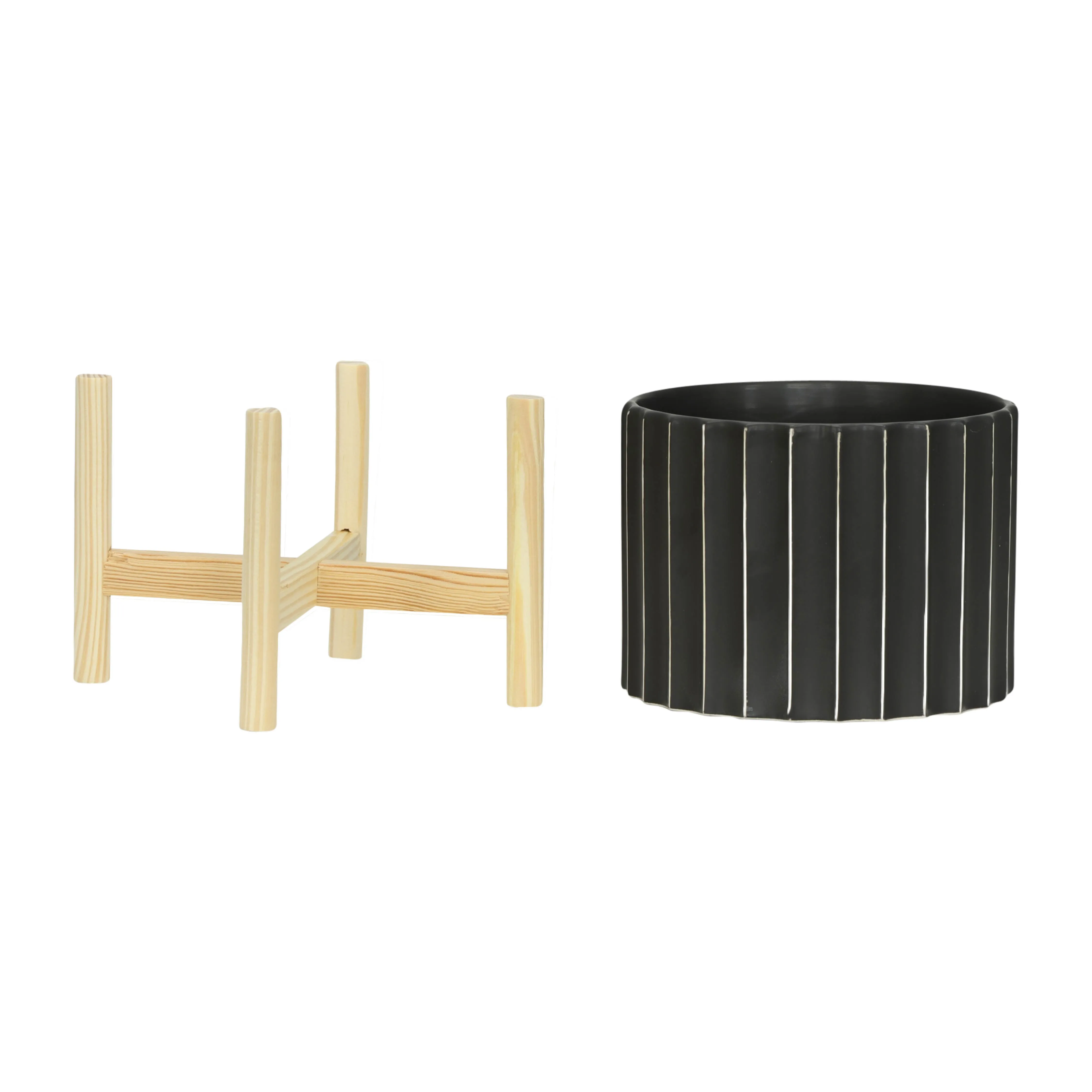 12" CERAMIC FLUTED PLANTER W/ WOOD STAND, BLACK