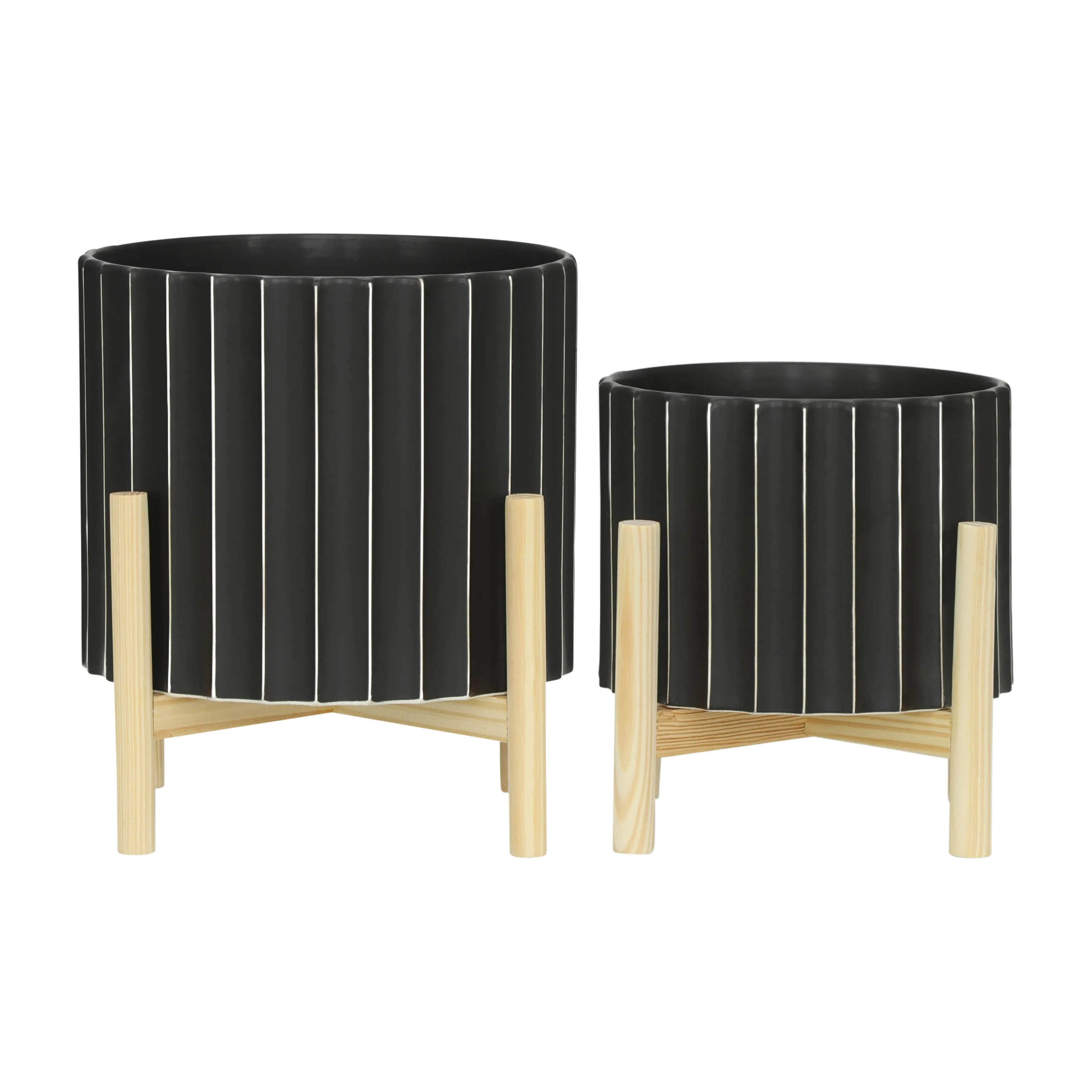 12" CERAMIC FLUTED PLANTER W/ WOOD STAND, BLACK