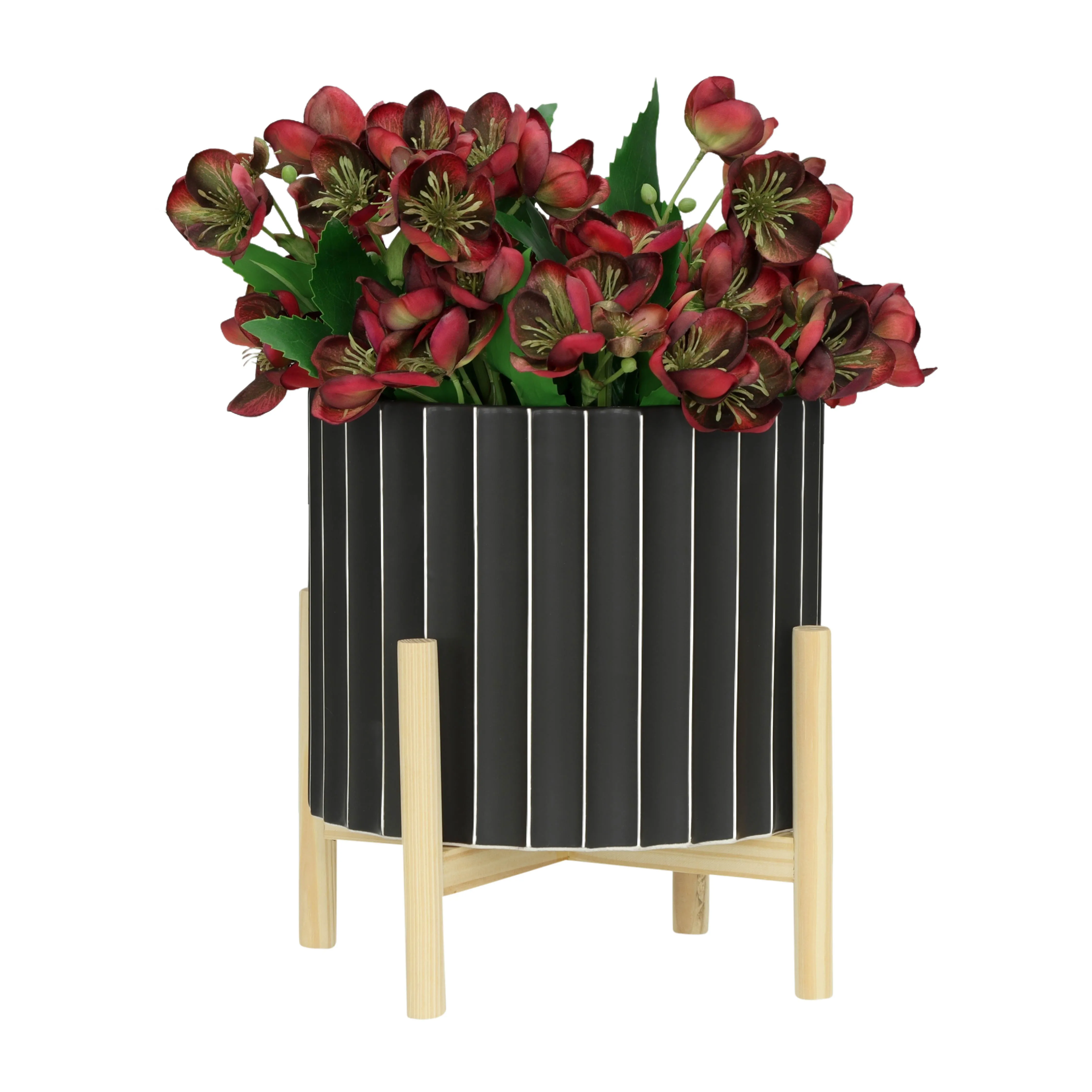 12" CERAMIC FLUTED PLANTER W/ WOOD STAND, BLACK