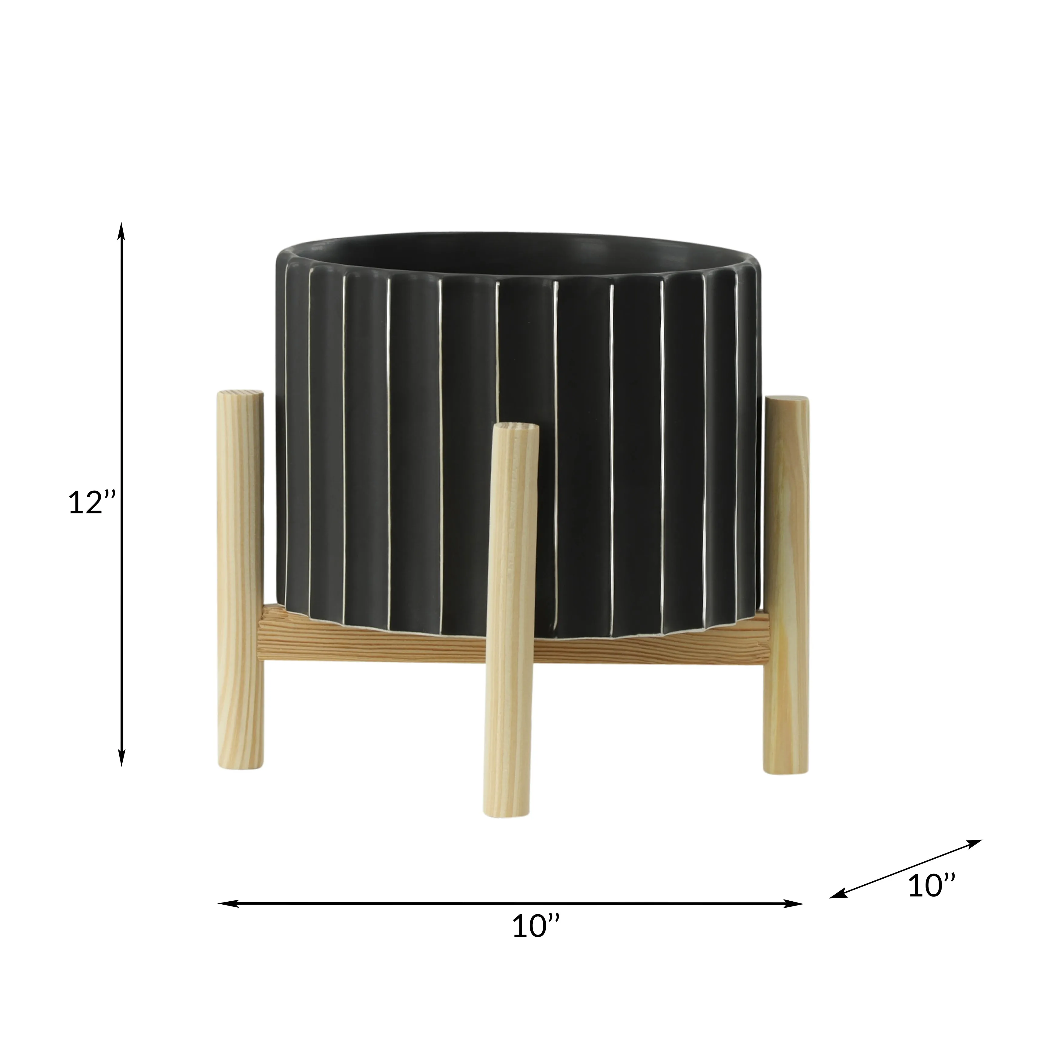 12" CERAMIC FLUTED PLANTER W/ WOOD STAND, BLACK