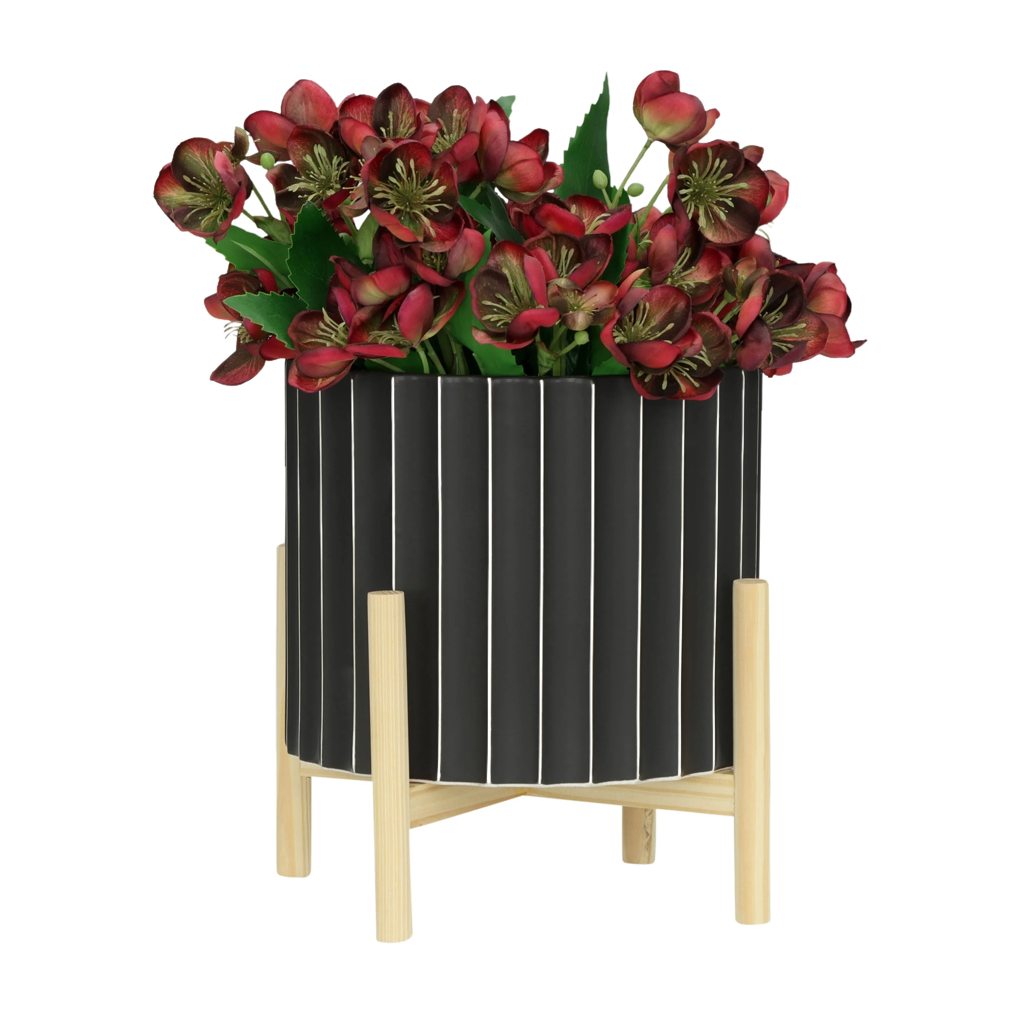 12" CERAMIC FLUTED PLANTER W/ WOOD STAND, BLACK