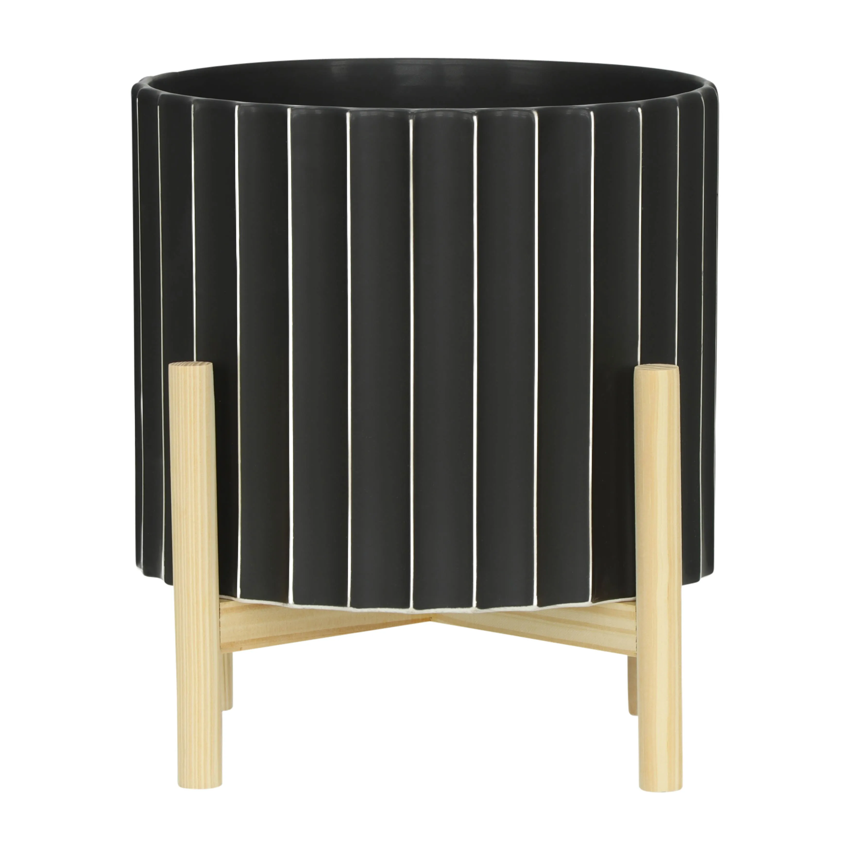 12" CERAMIC FLUTED PLANTER W/ WOOD STAND, BLACK
