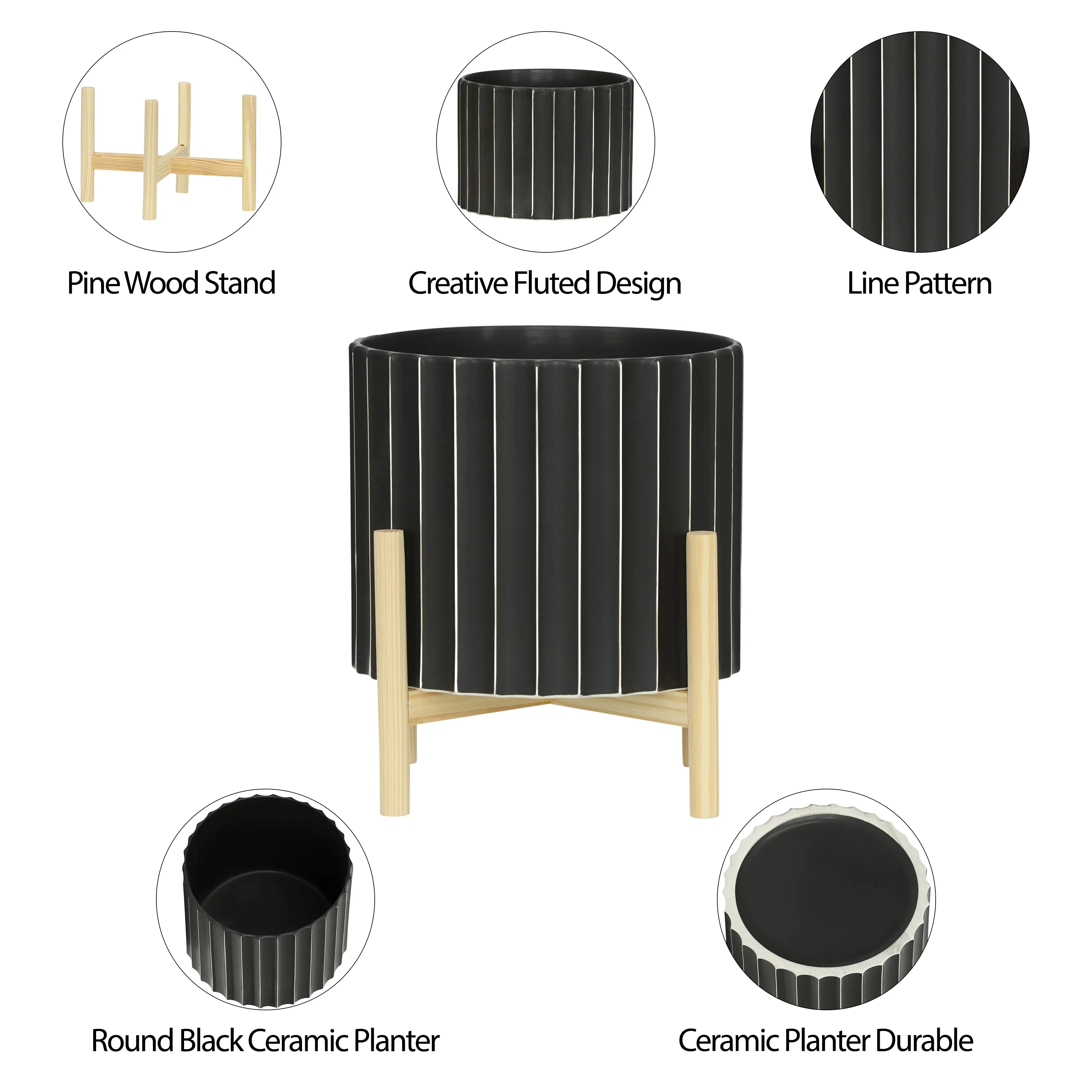 12" CERAMIC FLUTED PLANTER W/ WOOD STAND, BLACK