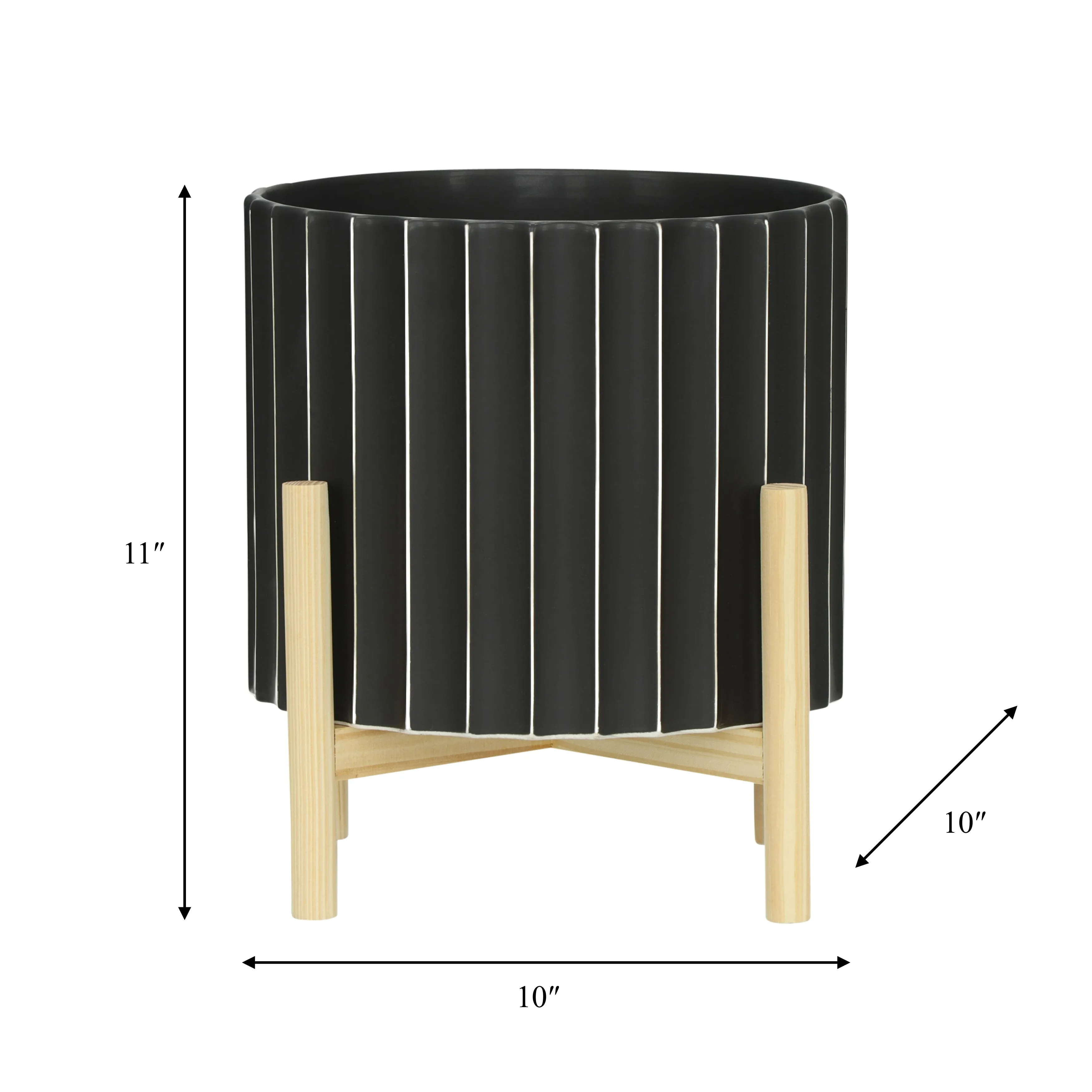 12" CERAMIC FLUTED PLANTER W/ WOOD STAND, BLACK
