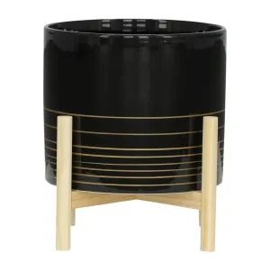 12" CERAMIC METALLIC PLANTER W/ WOOD STAND, BLACK