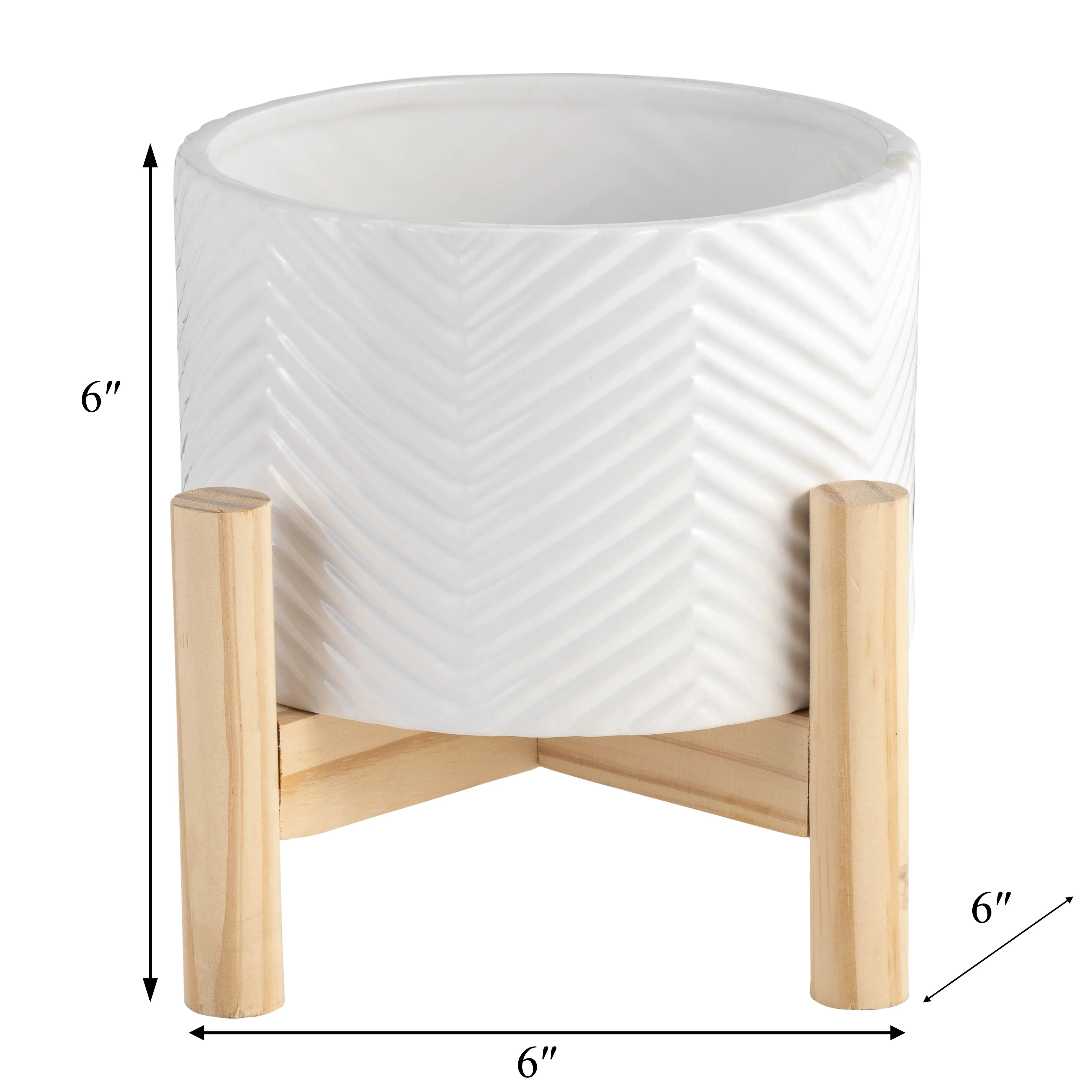 6" CERAMIC CHEVRON PLANTER W/ WOOD STAND, WHITE