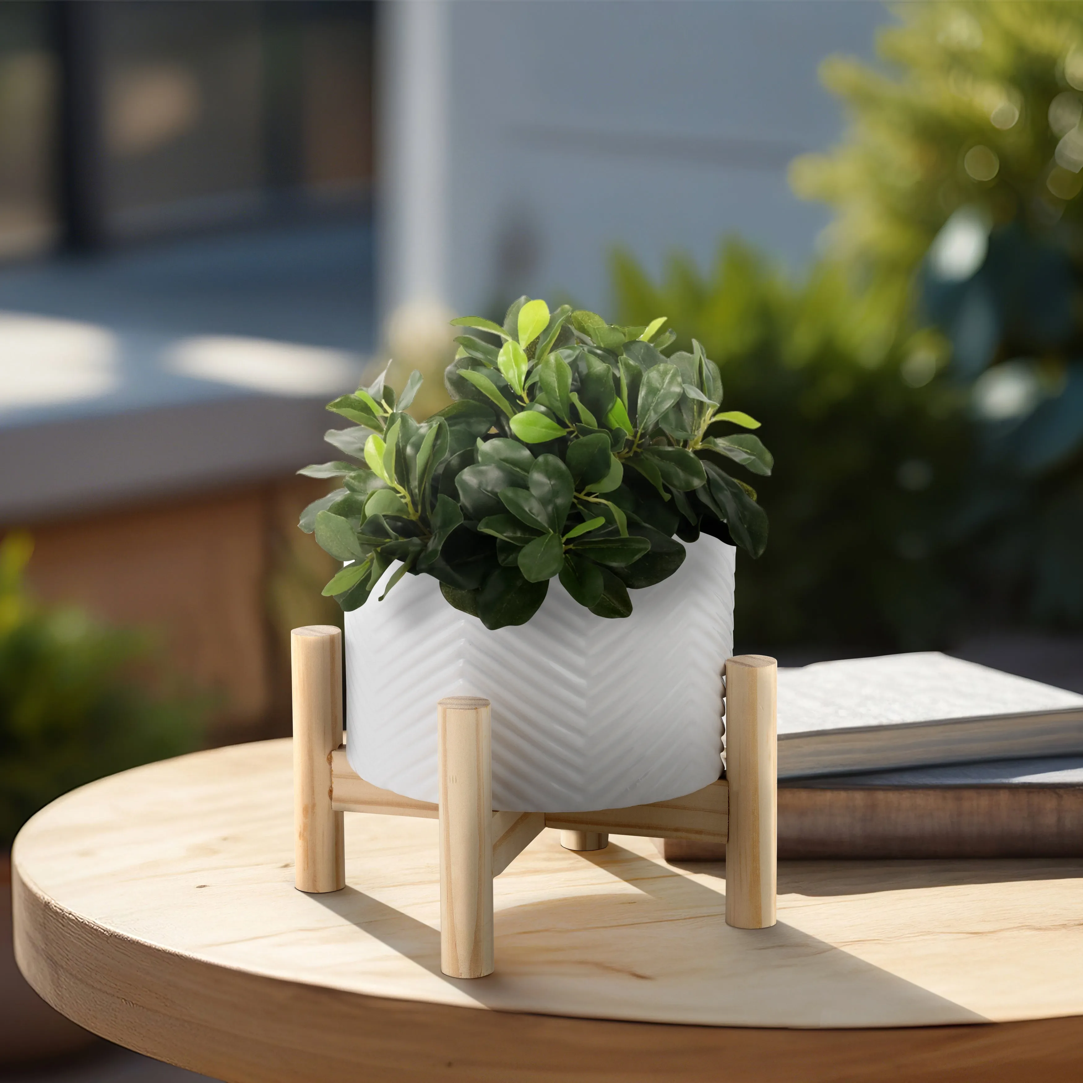 6" CERAMIC CHEVRON PLANTER W/ WOOD STAND, WHITE