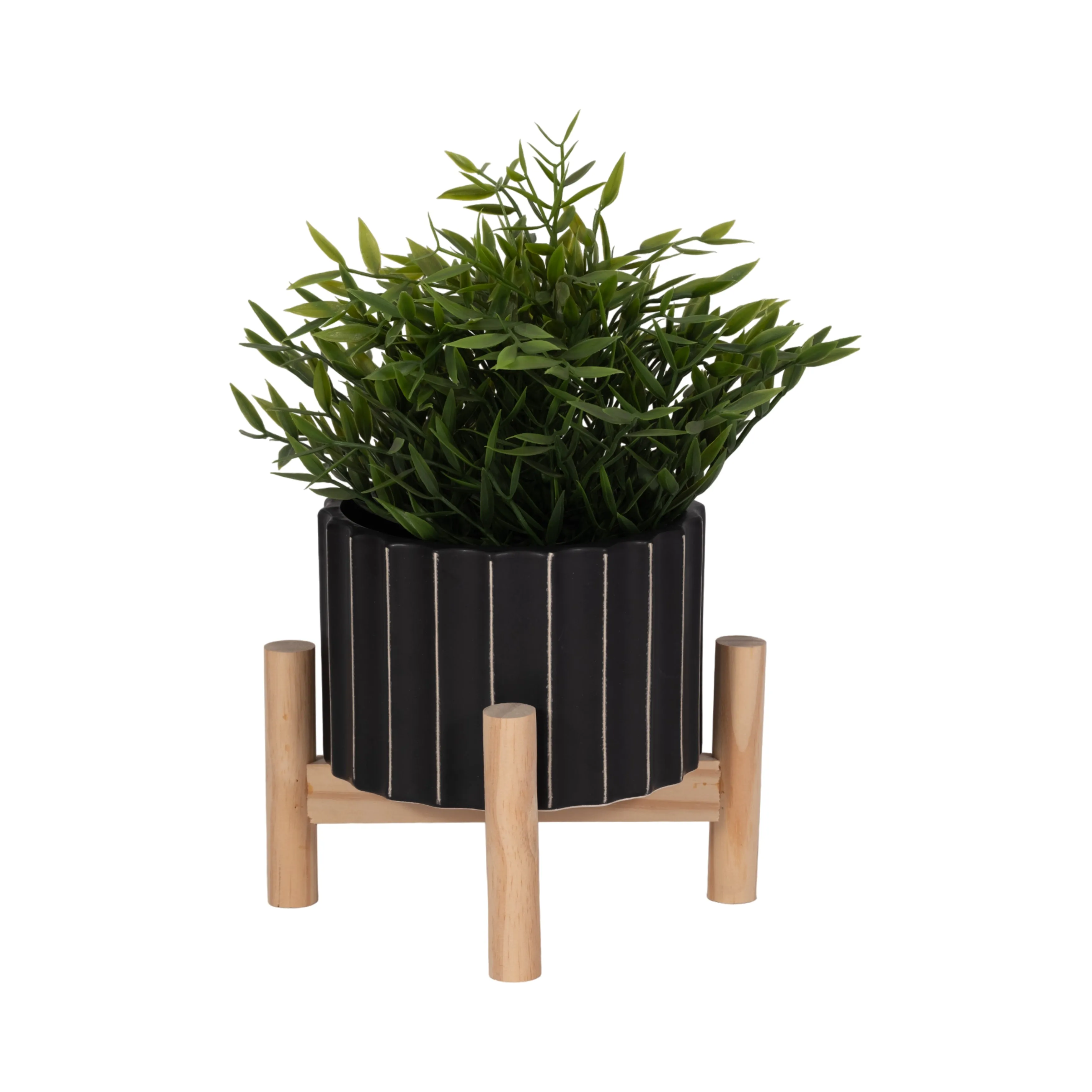 6" CERAMIC FLUTED PLANTER W/ WOOD STAND, BLACK