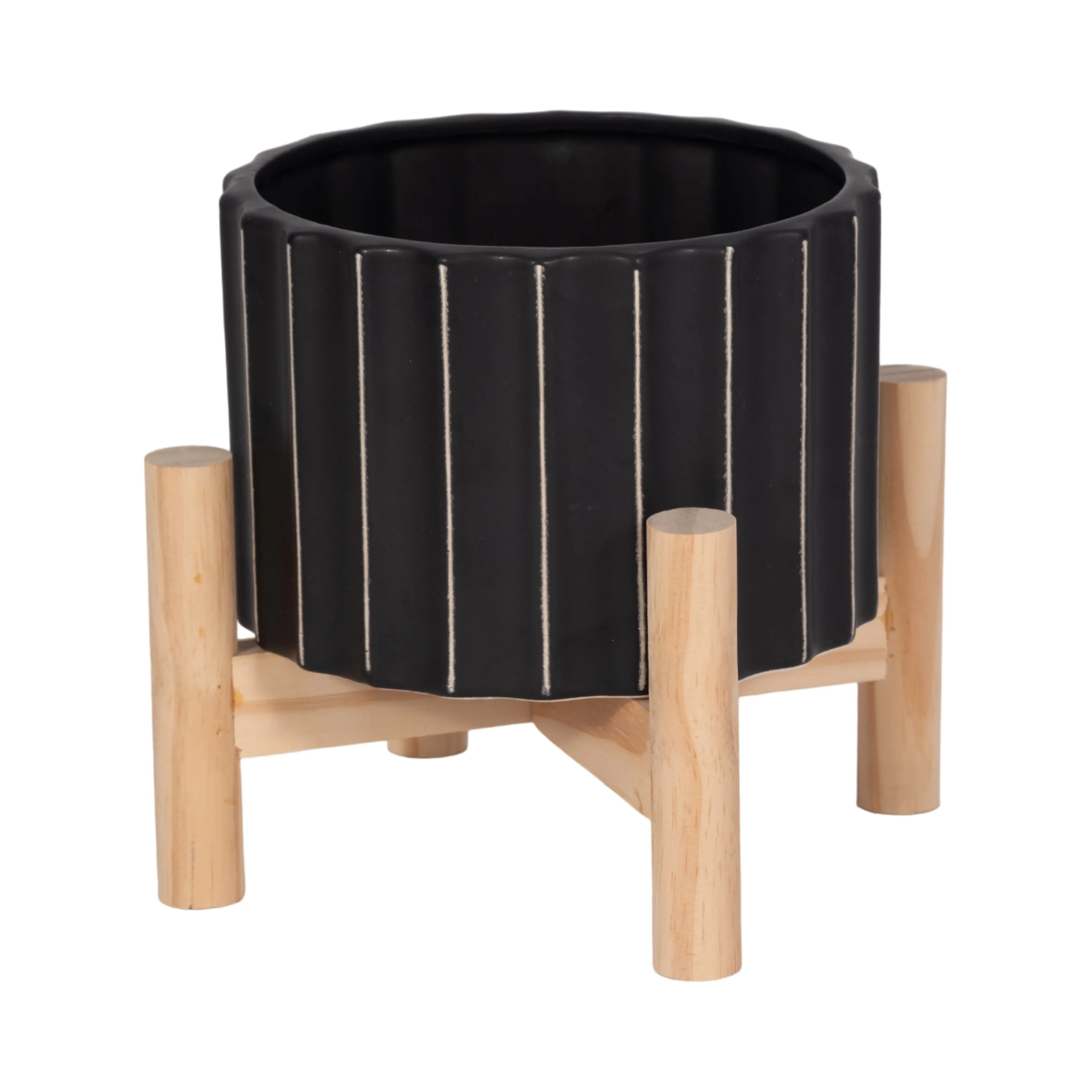 6" CERAMIC FLUTED PLANTER W/ WOOD STAND, BLACK