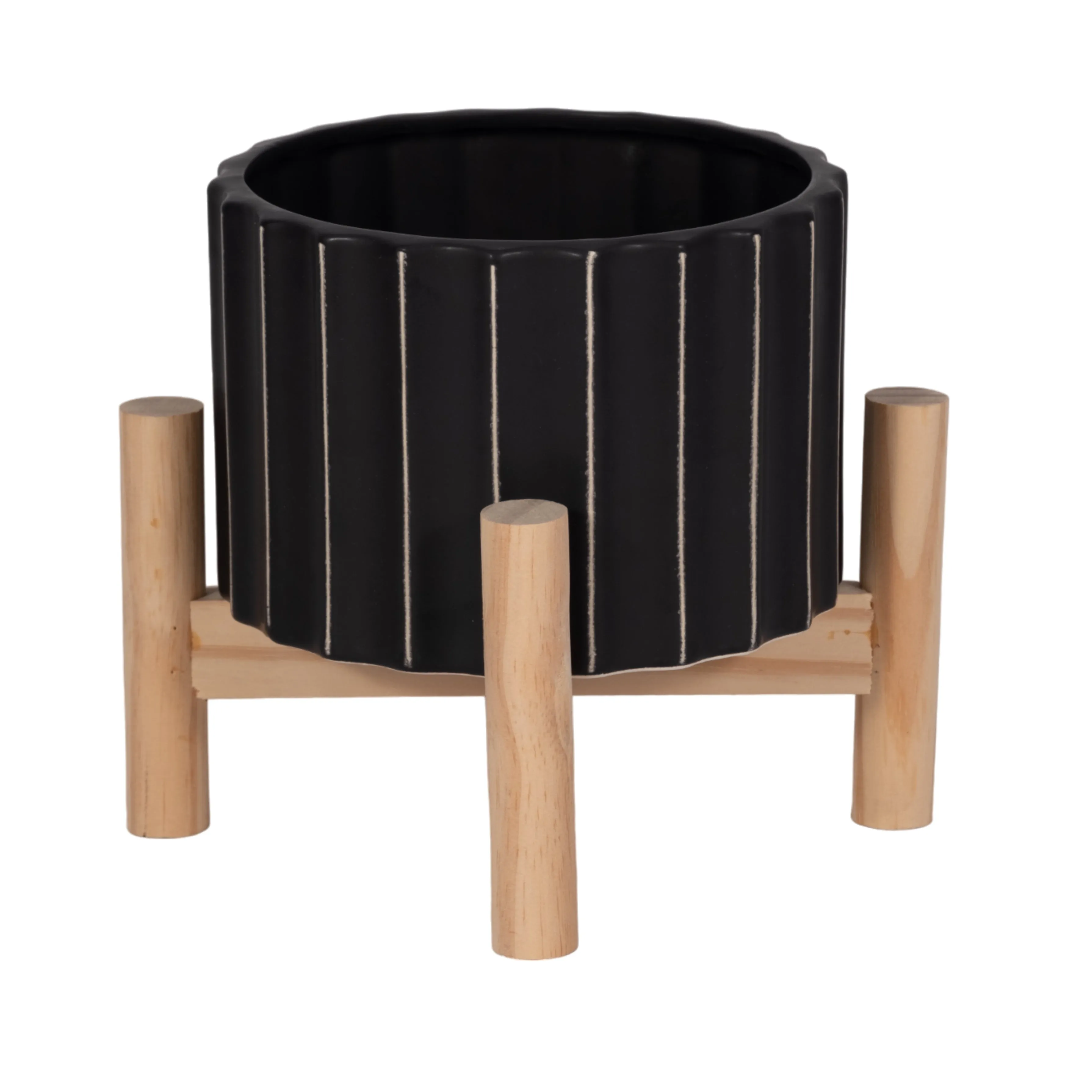 6" CERAMIC FLUTED PLANTER W/ WOOD STAND, BLACK