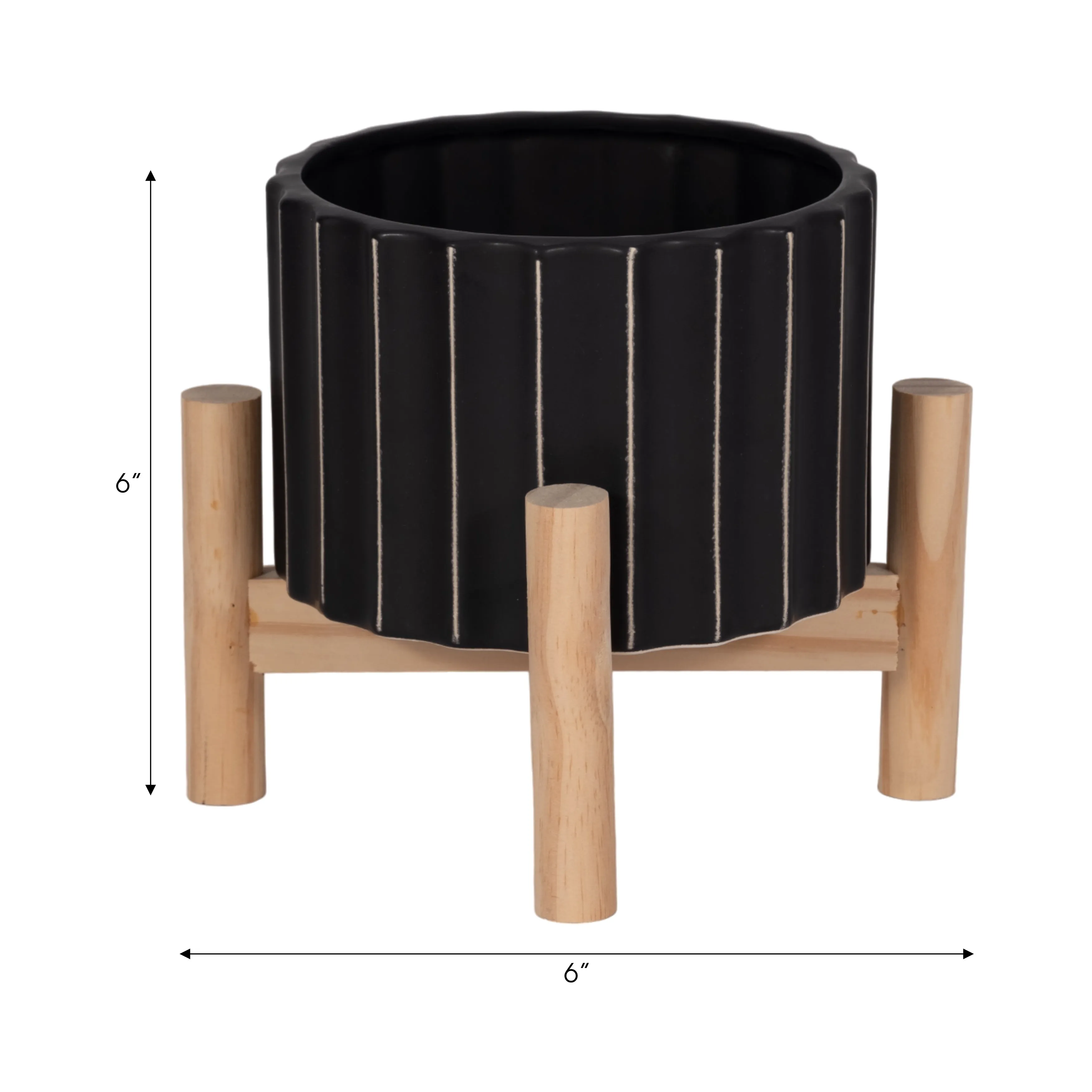 6" CERAMIC FLUTED PLANTER W/ WOOD STAND, BLACK