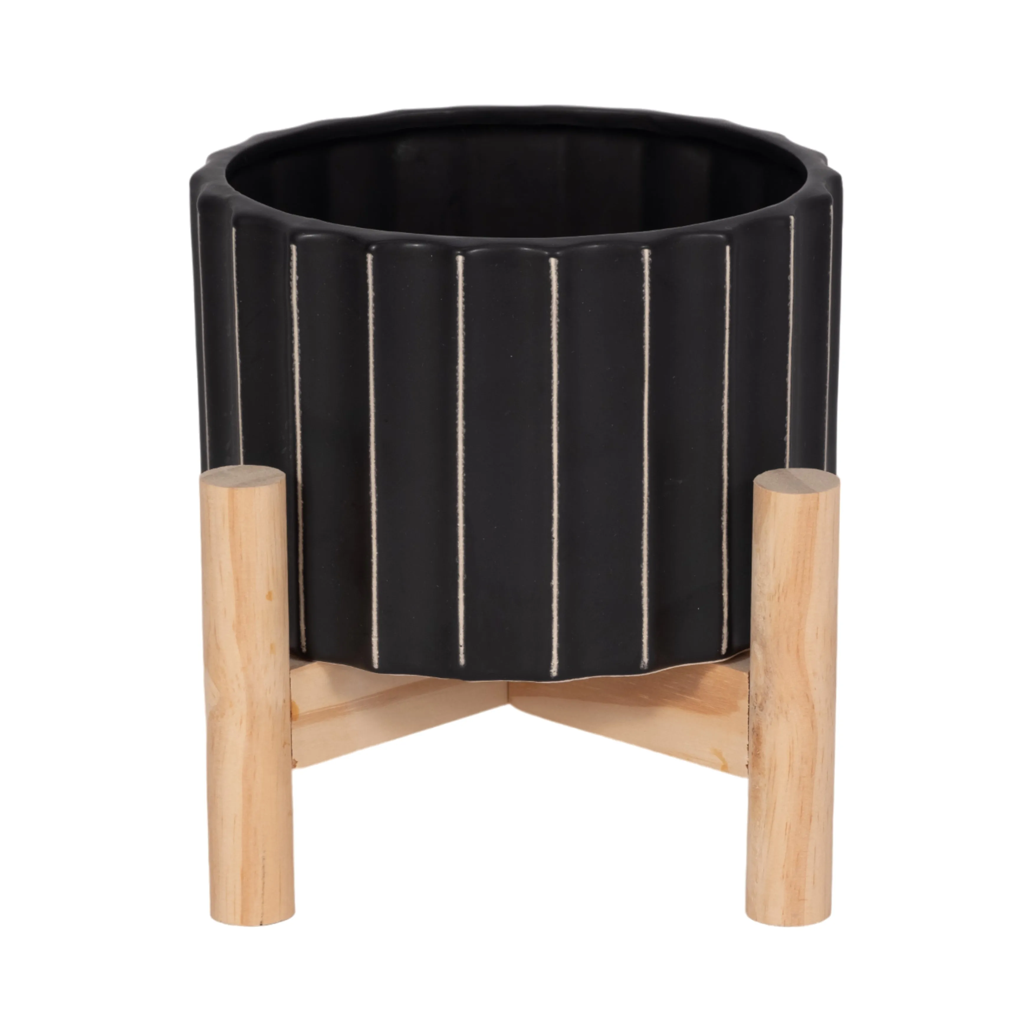 6" CERAMIC FLUTED PLANTER W/ WOOD STAND, BLACK