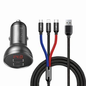 Baseus Digital Display Dual Usb 4.8A Car Charger 24W With 3-In-1 Data Cable (Tzccbx-0G) Dont Miss Out Flash Sale Alert Now