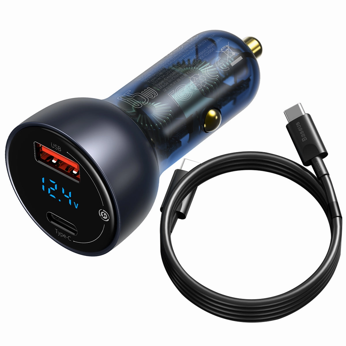 Baseus Usb / Usb Type C Car Charger 65 W 5 A Scp Quick Charge 4.0  Power Delivery 3.0 Lcd Screen   Usb Type C - Usb Type C Cable Grey (Tzcckx-0G) Hot Sale Today