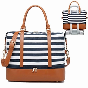 Womens Travel Weekend Bag Canvas Overnight Carry On Shoulder Duffel Beach Tote Bag (Blue Stripe With Shoe Compartment) Hot Deal Alert