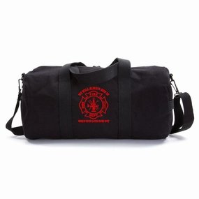Shop the Savings Now Gift Sale Event Firefighter Logo On A Vintage Canvas Duffel Bag In Black & Red, Large