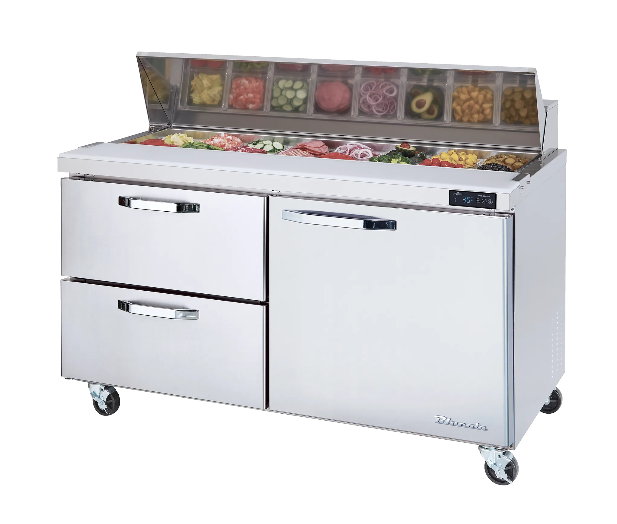 Blue Air - BAPP67-D2L-HC, 2 Drawers 1 Door (R) All Stainless Pizza Prep.Table, 67" wide, 20.2 cu/ft. - (9) 1/3 Pans - By Others. R-290 Refrigerant