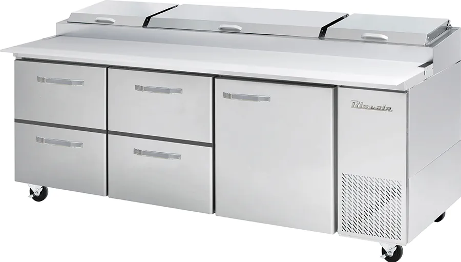 Blue Air - BAPP93-D4LM-HC, 4 Drawers 1 Door (R) All Stainless Pizza Prep.Table, 93-3/8" wide, 30.8 cu/ft. - (12) 1/3 Pans - By Others, R-290 Refrigerant