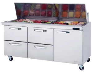 Blue Air - BLMT72-D4LM-HC, 4 Drawers 1 Door (R) All Stainless Prep. Table with (30) 1/6 Pans - 72" wide, 20 cu/ft., R-290 Refrigerant