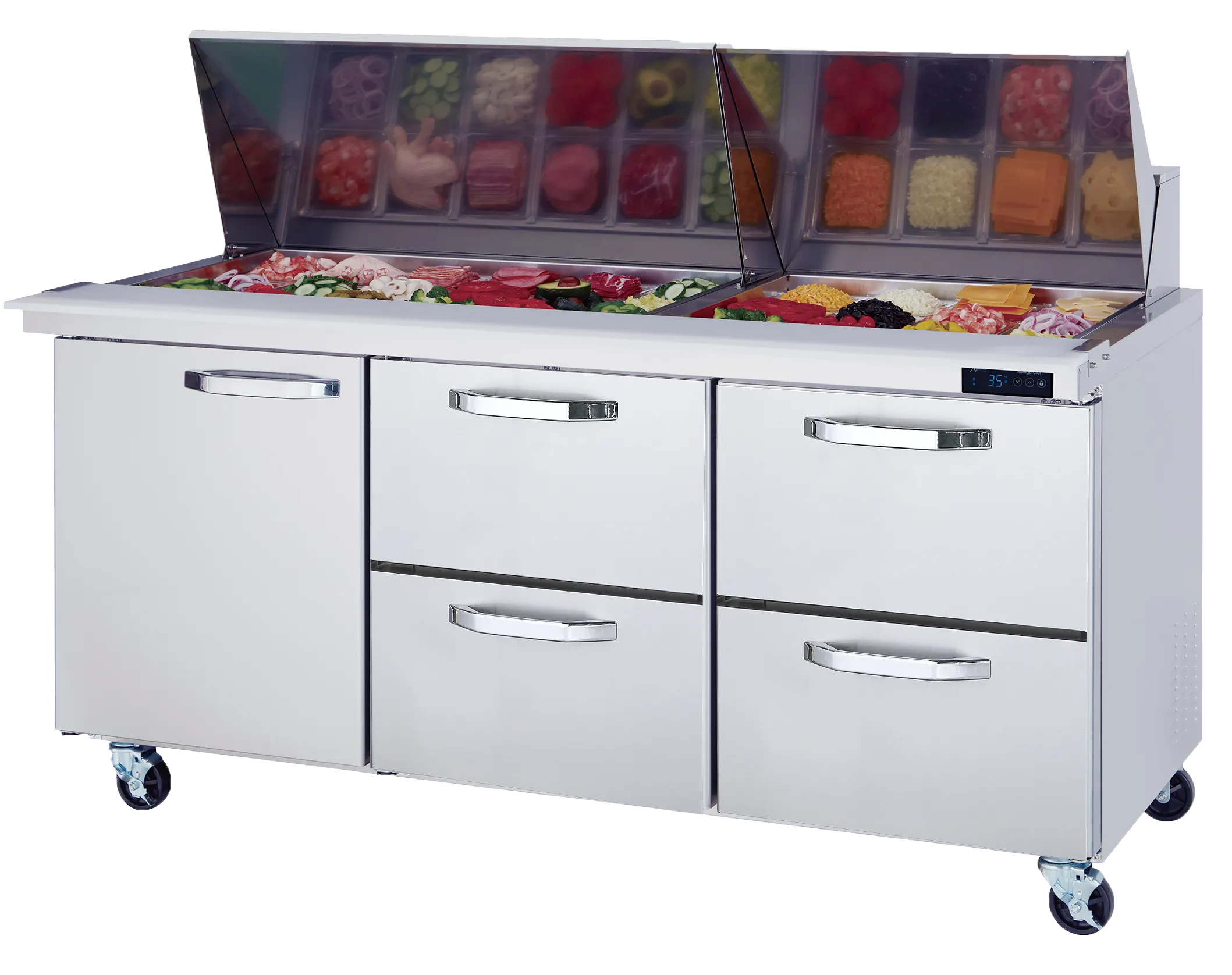 Blue Air - BLMT72-D4RM-HC, 4 Drawers 1 Door (L) All Stainless Prep. Table with (30) 1/6 Pans - 72" wide, 20 cu/ft., R-290 Refrigerant