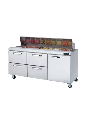Blue Air - BLPT72-D4LM-HC, 4 Drawers 1 Door (R) All Stainless Prep. Table with (18) 1/6 Pans - 72" wide, 20 cu/ft., R-290 Refrigerant