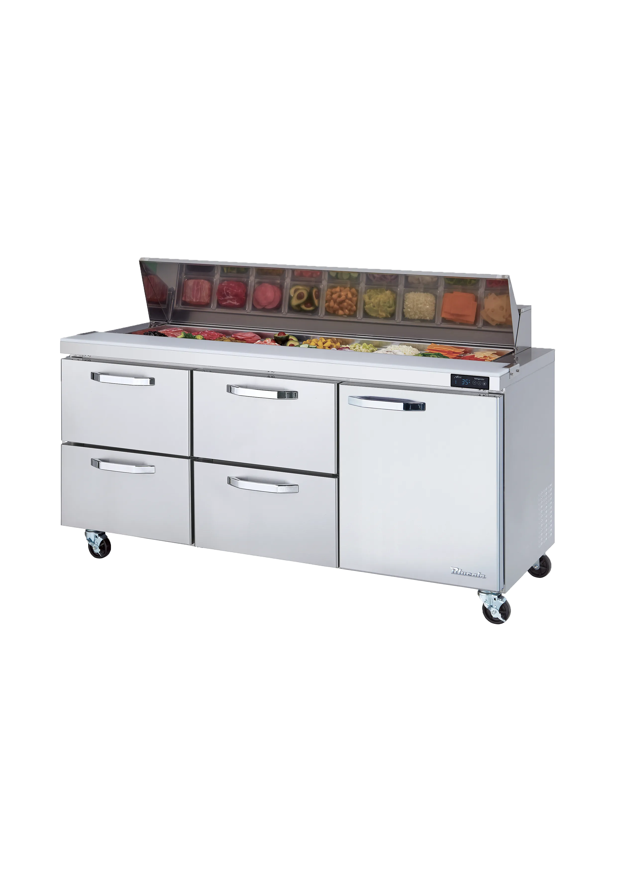 Blue Air - BLPT72-D4LM-HC, 4 Drawers 1 Door (R) All Stainless Prep. Table with (18) 1/6 Pans - 72" wide, 20 cu/ft., R-290 Refrigerant