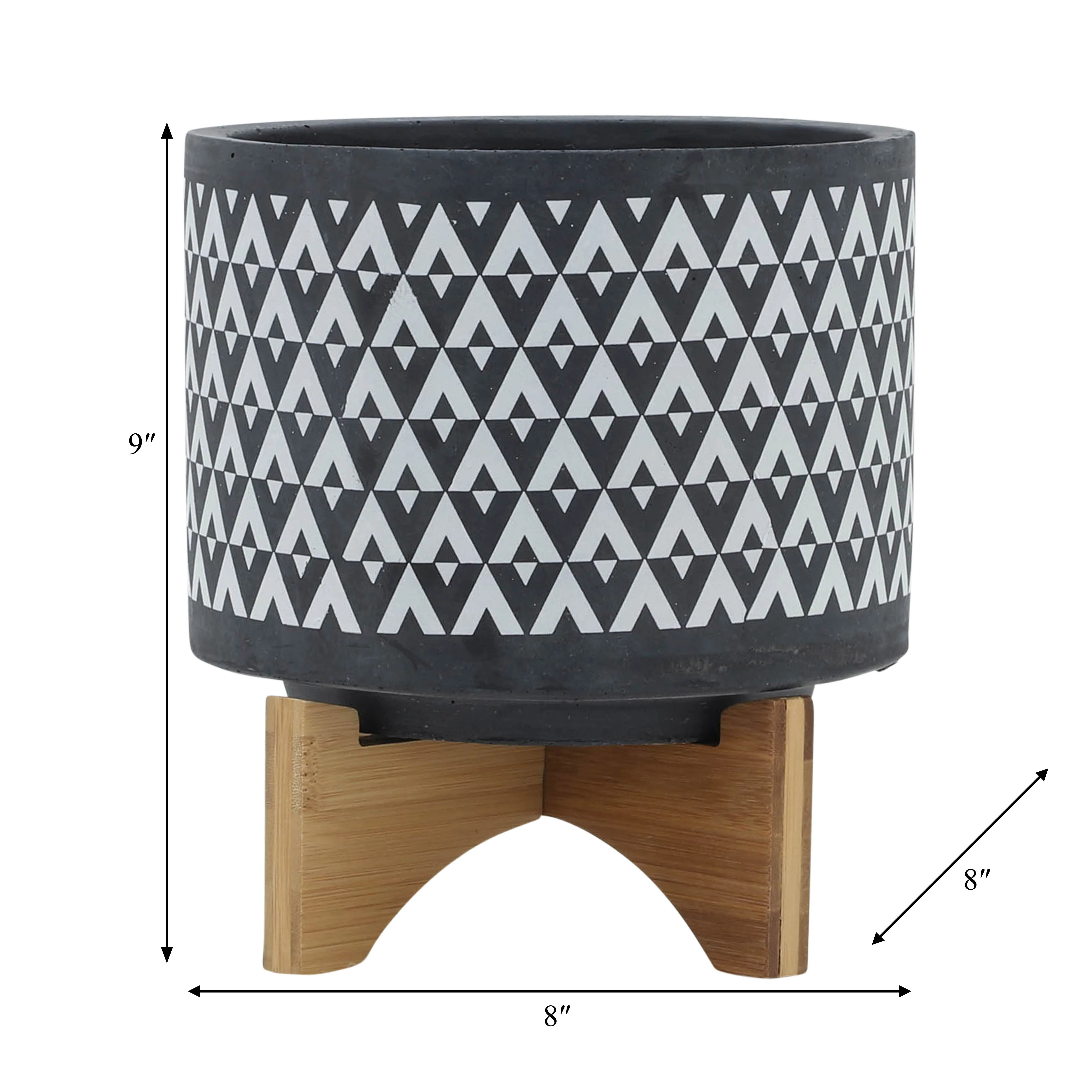 CERAMIC 8" AZTEC PLANTER ON WOODEN STAND, GRAY