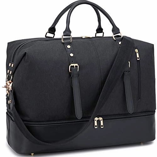 Flash Deal Alert Canvas Overnight Bag Oversized Travel Duffel Leather For Men And Women Weekender Tote (Black-D)