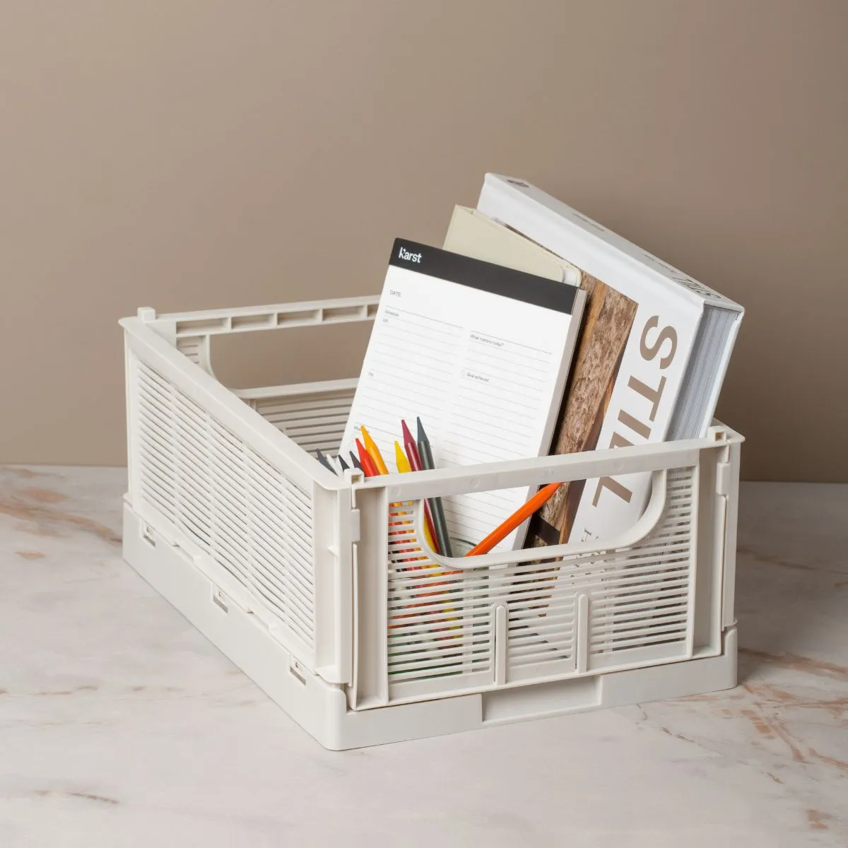 DESIGNSTUFF Linear Collapsible Crate, M, 33x25cm, Chalk (Set of 2)