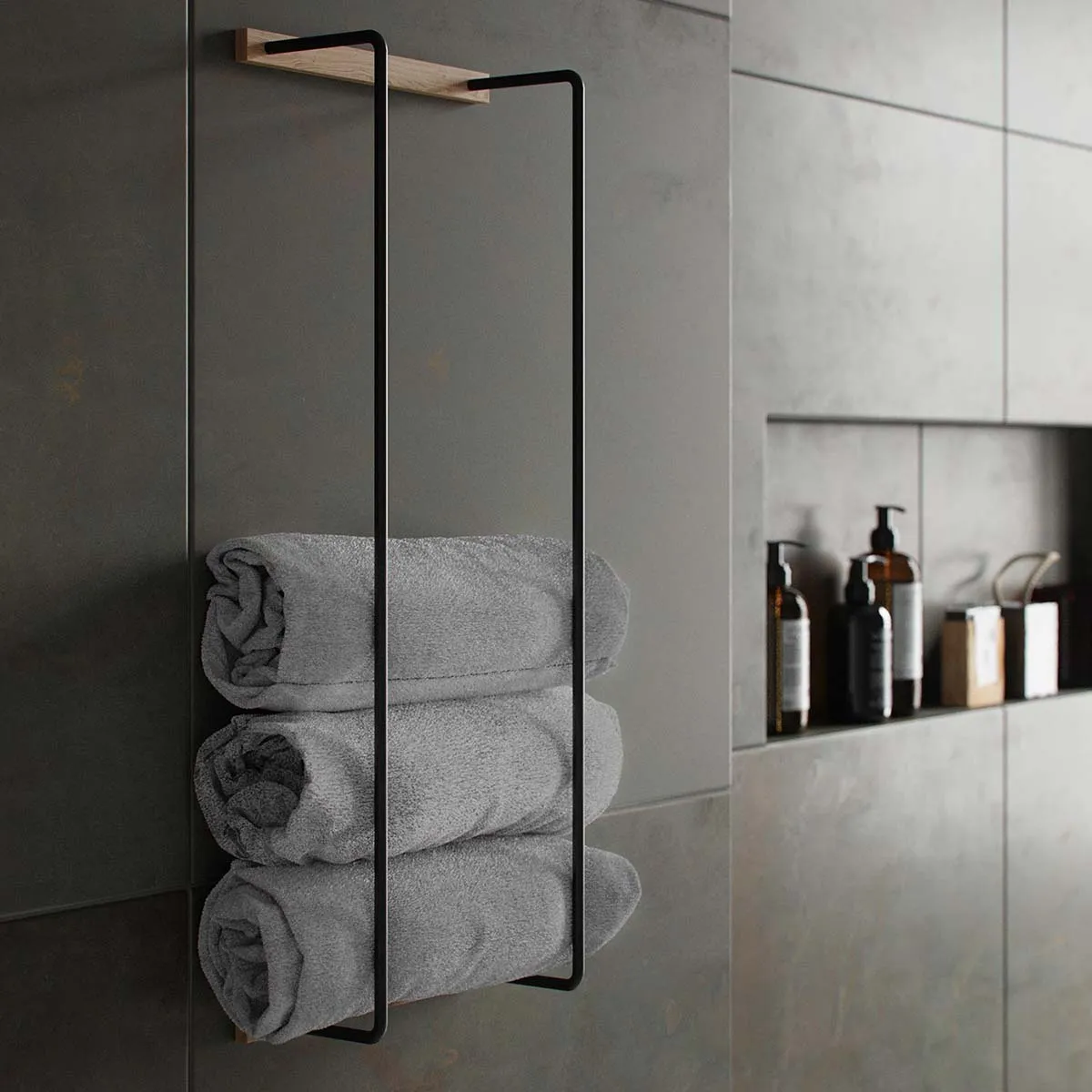 EKTA LIVING Towel Rack, Oiled Oak/Black Metal