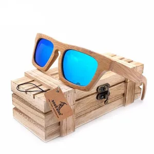 Square Handmade Polarized Sunglasses In Wooden Box - Blue,Silver Todays Special Savings
