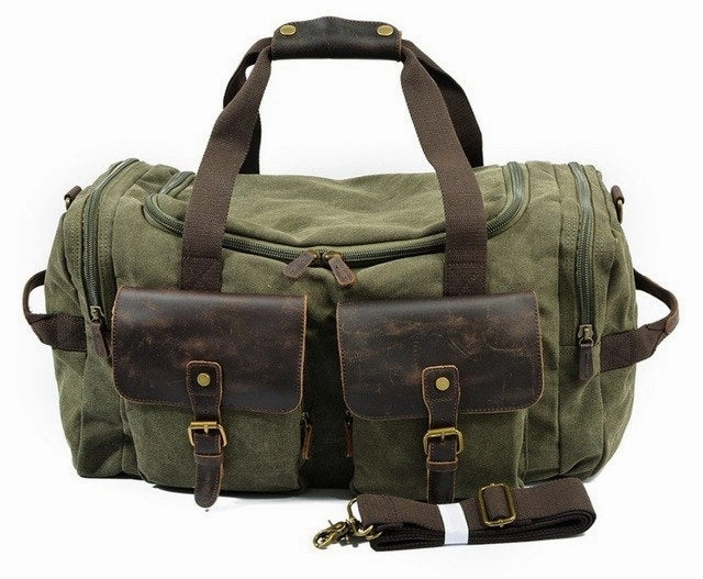 Limited Stock Alert Flash Pick Today Man Vintage Military Travel Duffel Bag Multi-Pocket Canvas Overnight Bag Leather Weekend Carry On