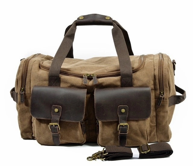 Man Vintage Military Travel Duffel Bag Multi-Pocket Canvas Overnight Bag Leather Weekend Carry On Perfect Gift Offer
