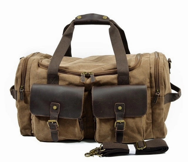 Man Vintage Military Travel Duffel Bag Multi-Pocket Canvas Overnight Bag Leather Weekend Carry On Online Exclusive Deal Limited Time Offer