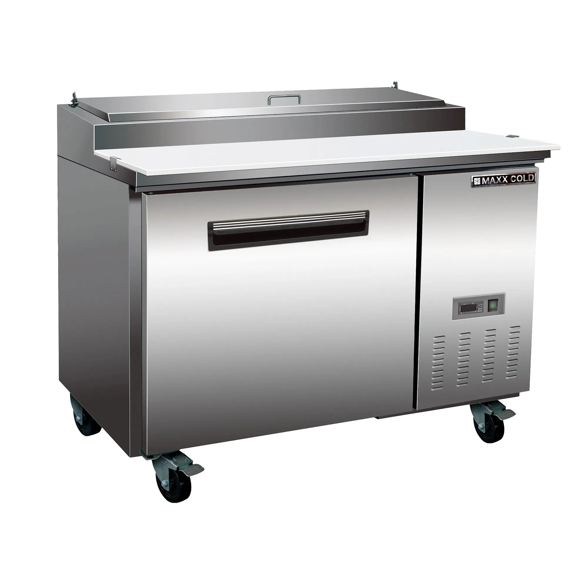 Maxx Cold - MXCPP50HC One-Door Refrigerated Pizza Prep Table, 47.4??W, 12 cu. ft. Storage Capacity, Equipped with (6) 4?? Deep Pans and Cutting Board, in Stainless Steel