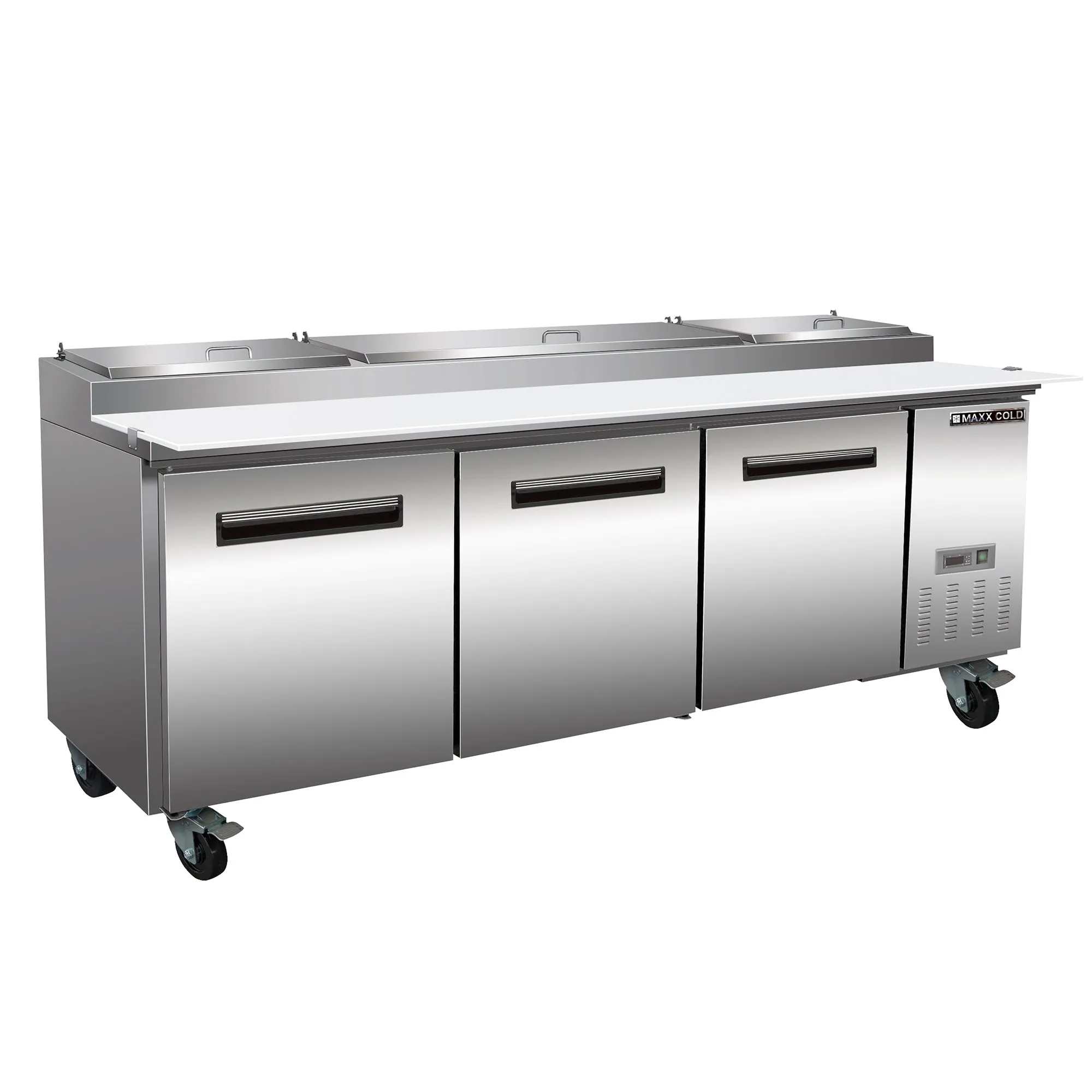 Maxx Cold - MXCPP92HC Three-Door Refrigerated Pizza Prep Table, 94.2??W, 32 cu. ft. Storage Capacity, Equipped with (12) 4?? Deep Pans and Cutting Board, in Stainless Steel