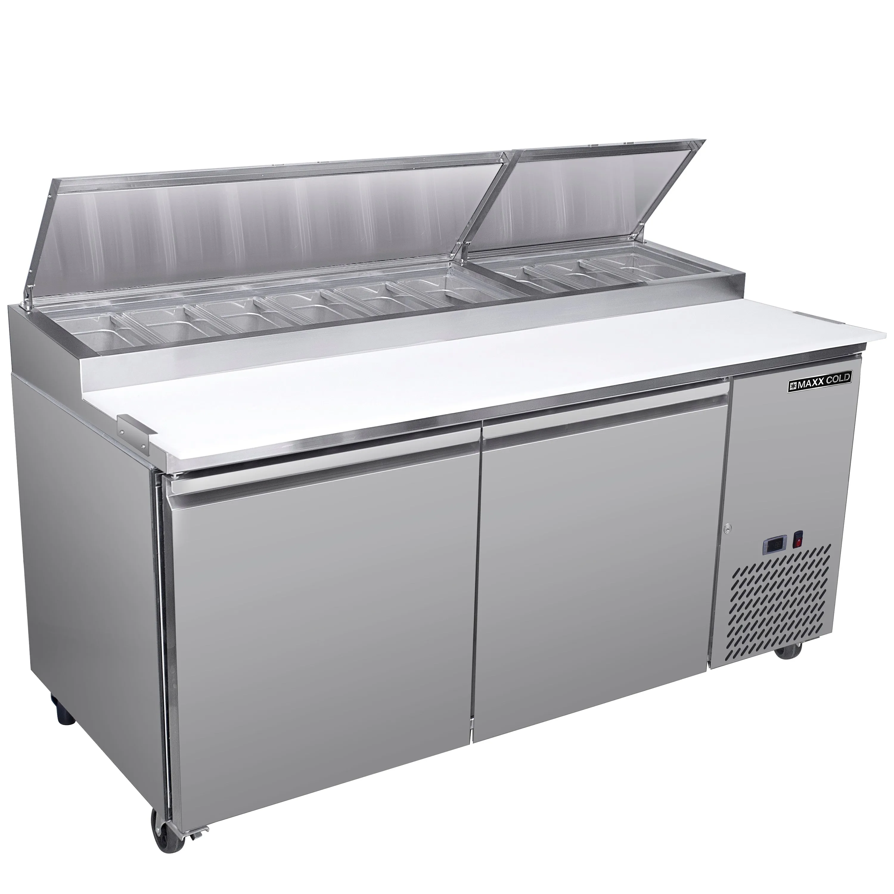 Maxx Cold - MXSPP70HC Two-Door Refrigerated Pizza Prep Table, 71" W, 20.91 cu. ft. Storage Capacity, Equpped with (9) 4" Deep Pans and Cutting Board, in Stainless Steel