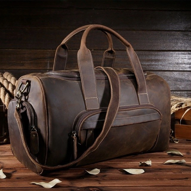 Todays Special Picks Men Genuine Leather Travel Duffle Vintage Crazy Horse Leather Travel Totes Zipper Duffel Bag