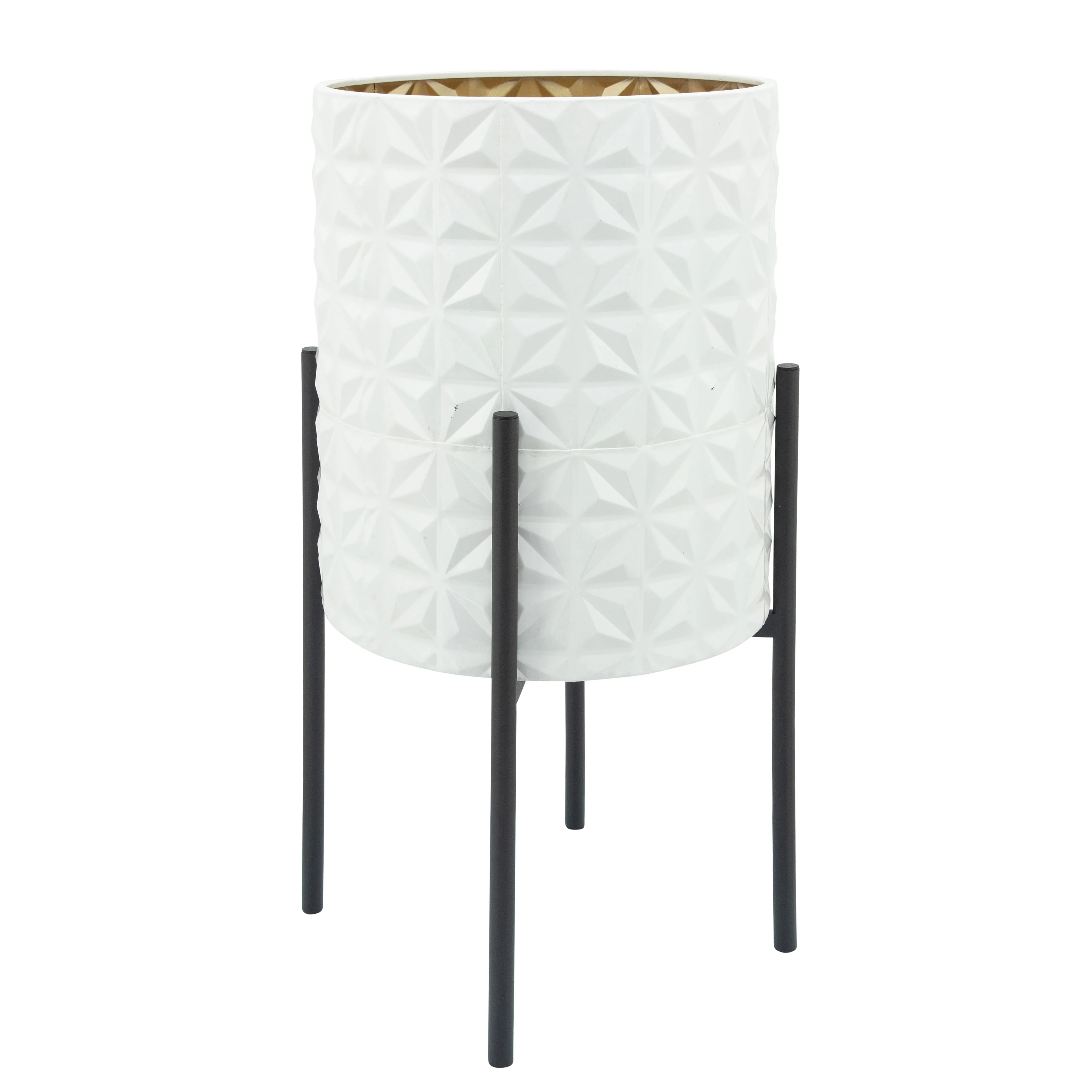 S/2 AZTEC PLANTER ON METAL STAND, WHT/GLD/BLK