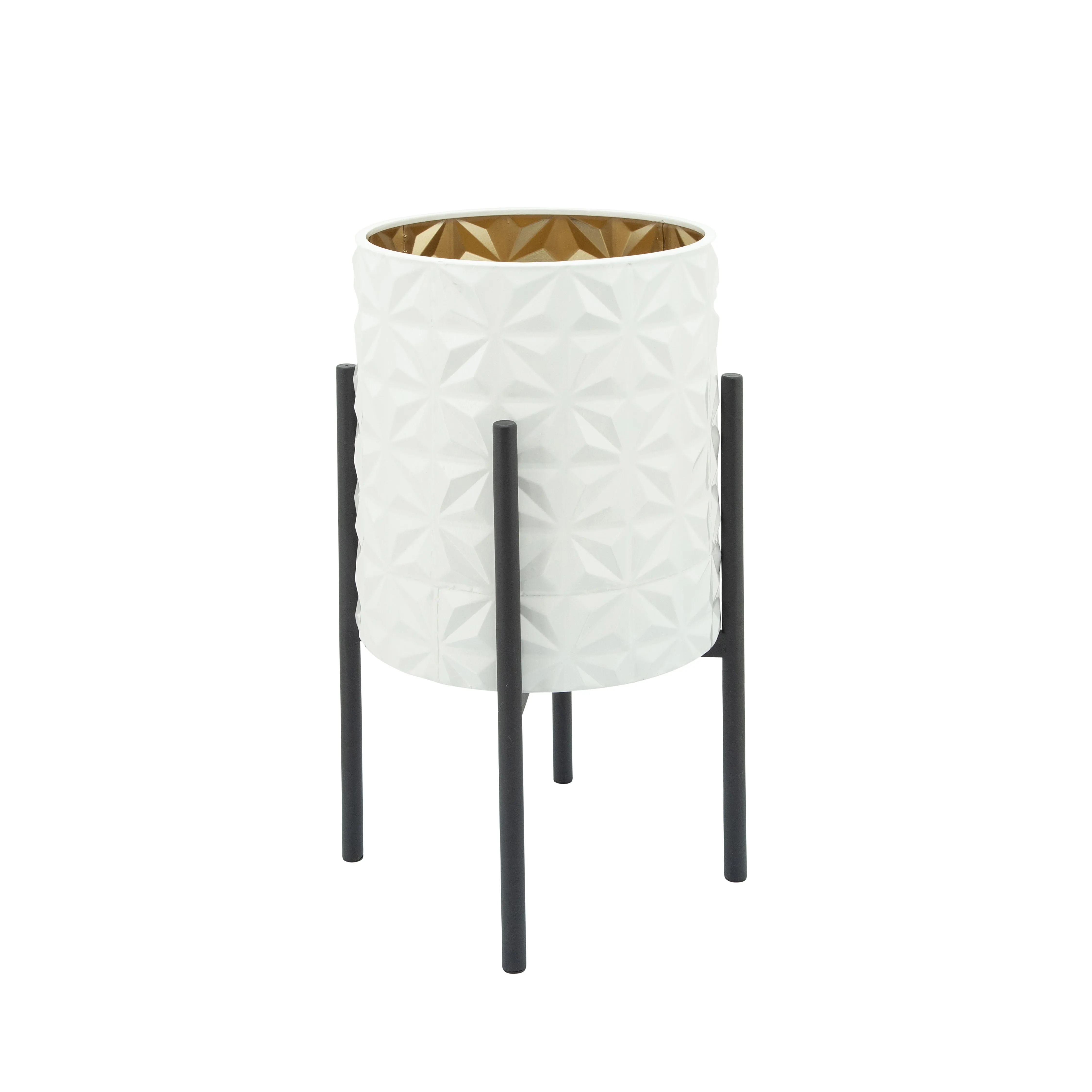 S/2 AZTEC PLANTER ON METAL STAND, WHT/GLD/BLK