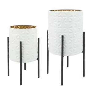 S/2 AZTEC PLANTER ON METAL STAND, WHT/GLD/BLK