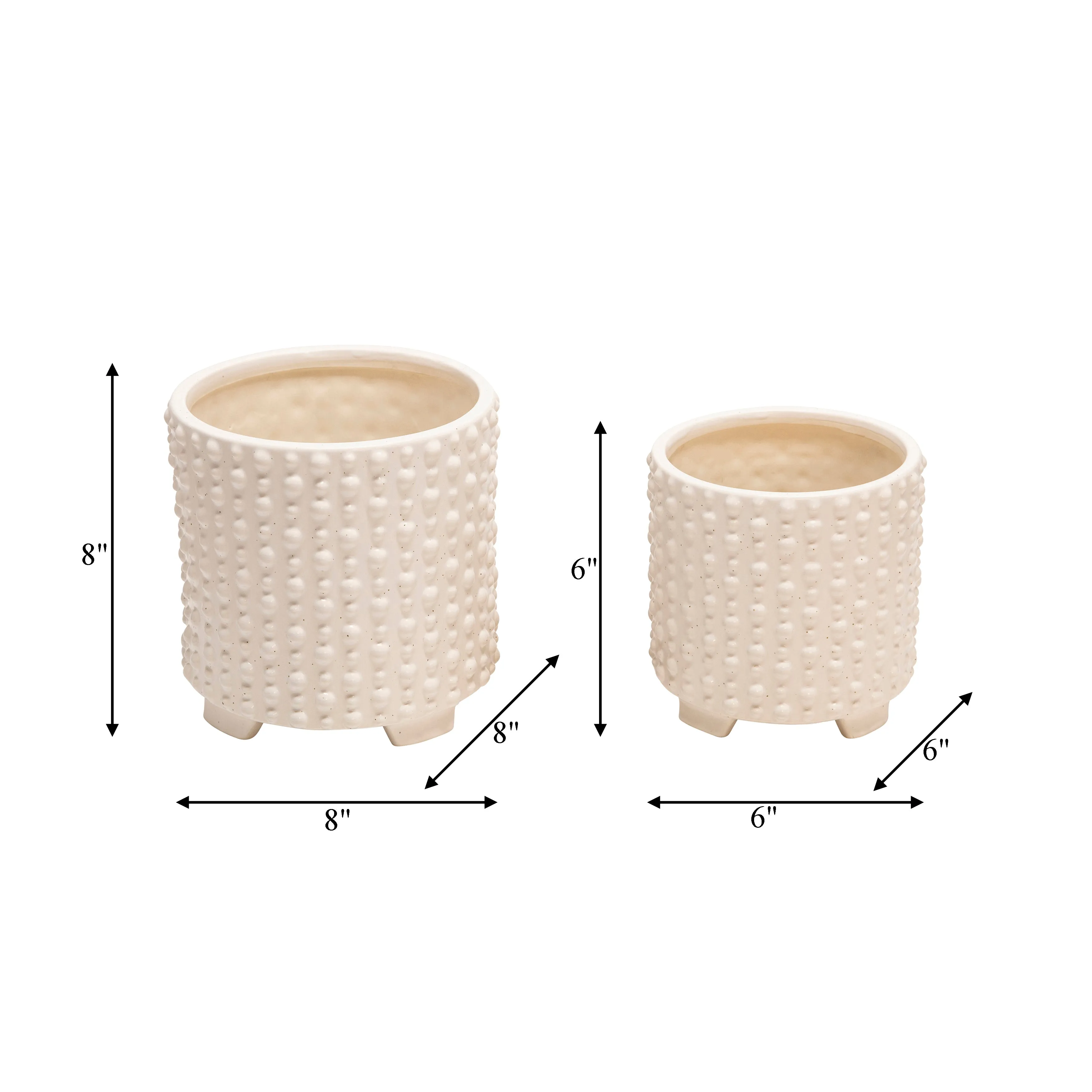S/2 CERAMIC 6/8" FOOTED PLANTERS W/ DOTS, WHITE