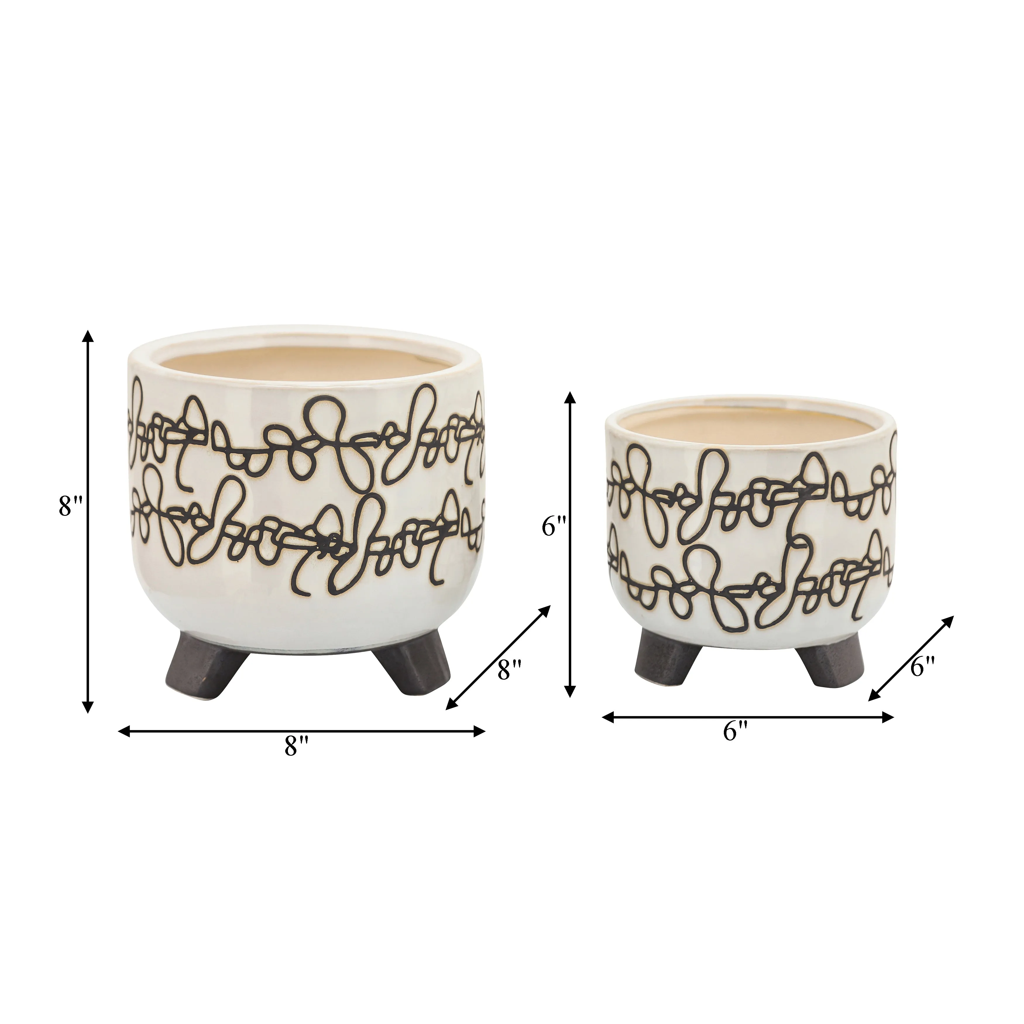S/2 CERAMIC 6/8" SCRIBBLE FOOTED PLANTER, BEIGE