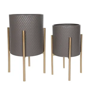 S/2 DIAMOND PLANTER ON METAL STAND, GRAY/GOLD