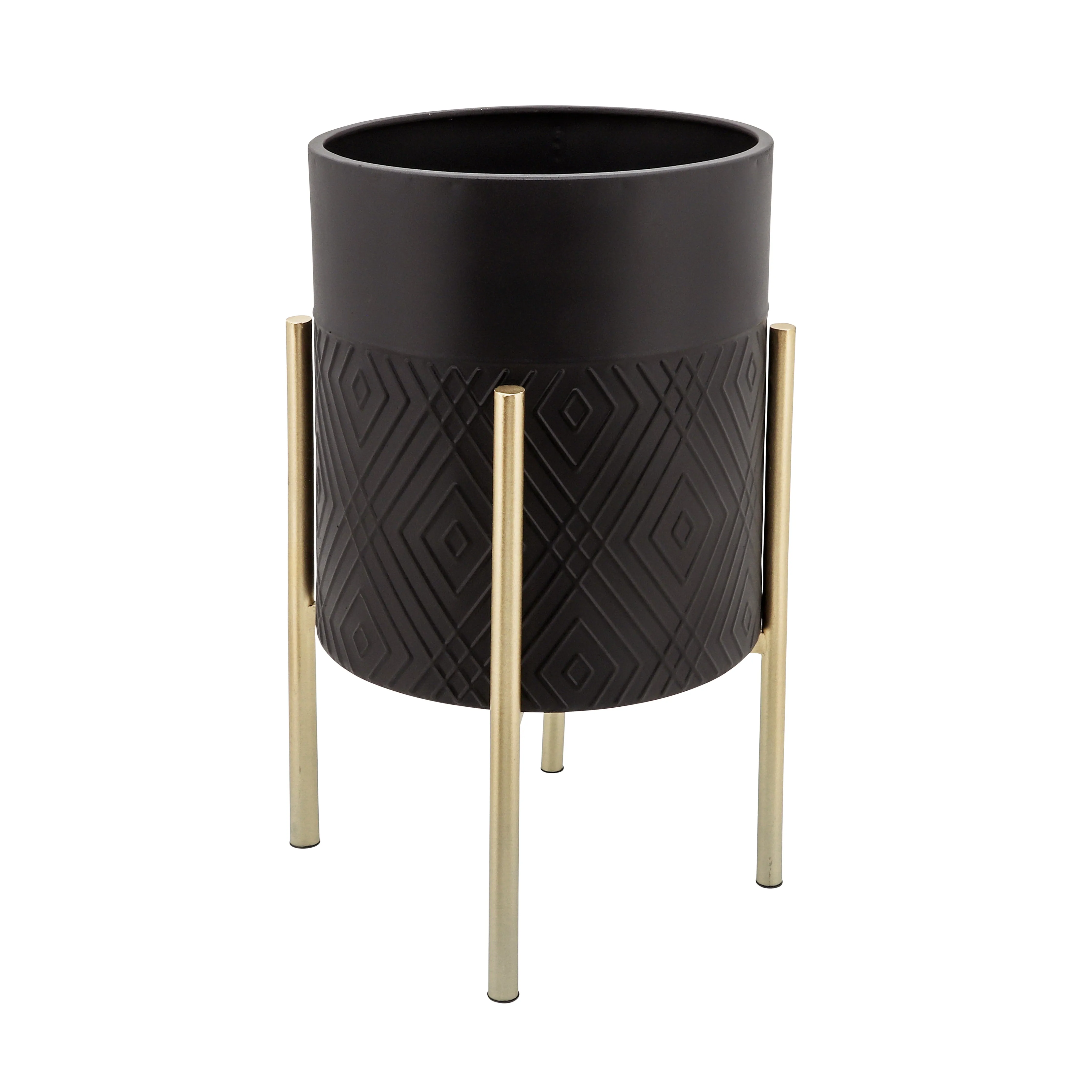 S/2 DIAMOND PLANTER ON METAL TAND, BLK/GLD