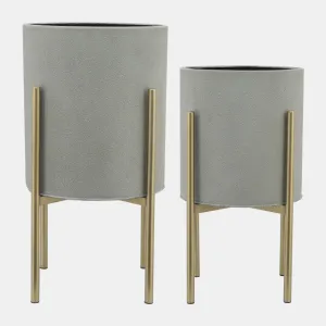S/2 PLANTER ON METAL STAND, PUTTY/GLD