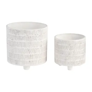 S/2 TRIBAL LOOK FOOTED PLANTER 6/8", IVORY